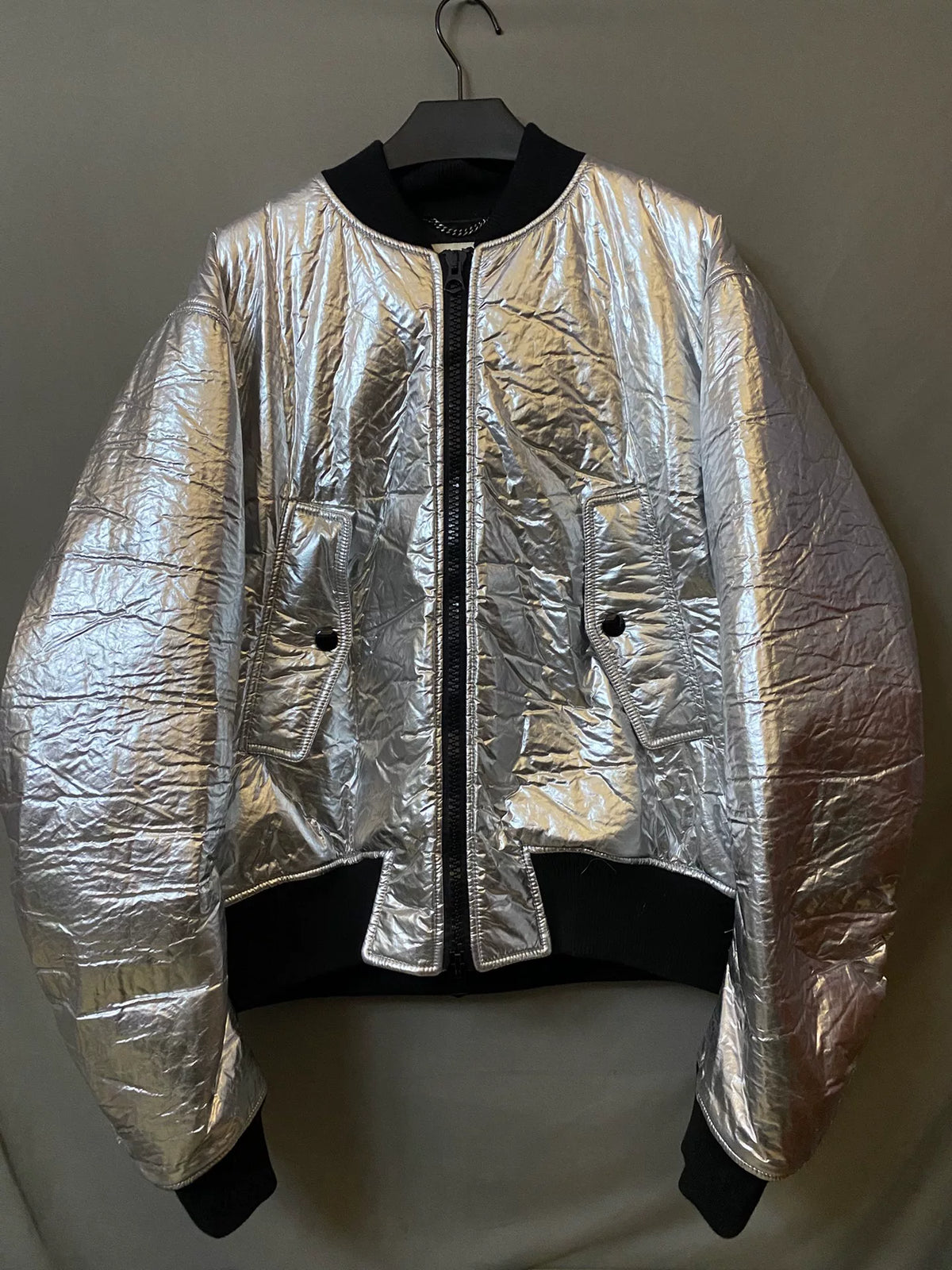 Dries van Noten Silver Pleated Zip Bomber Jacket