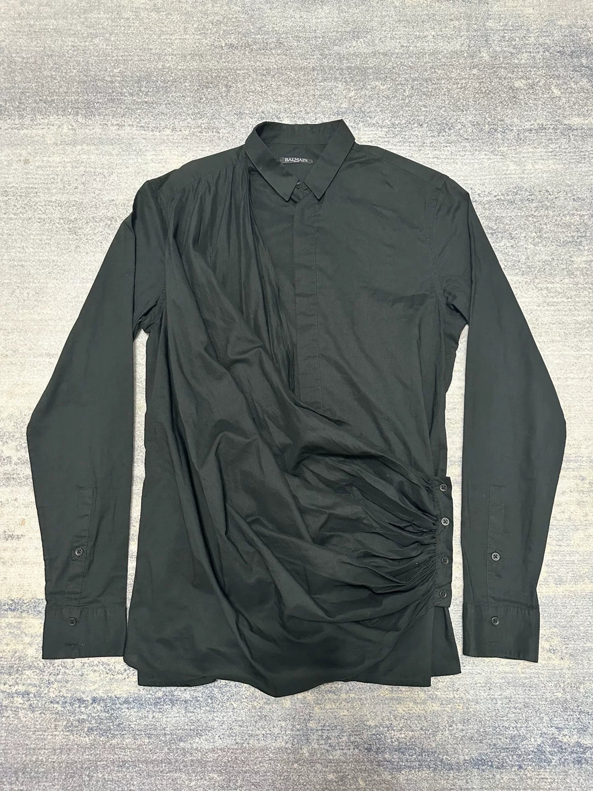 Balmain Fw1 FW17 Black Draped Hidden Placket Cotton Shirt