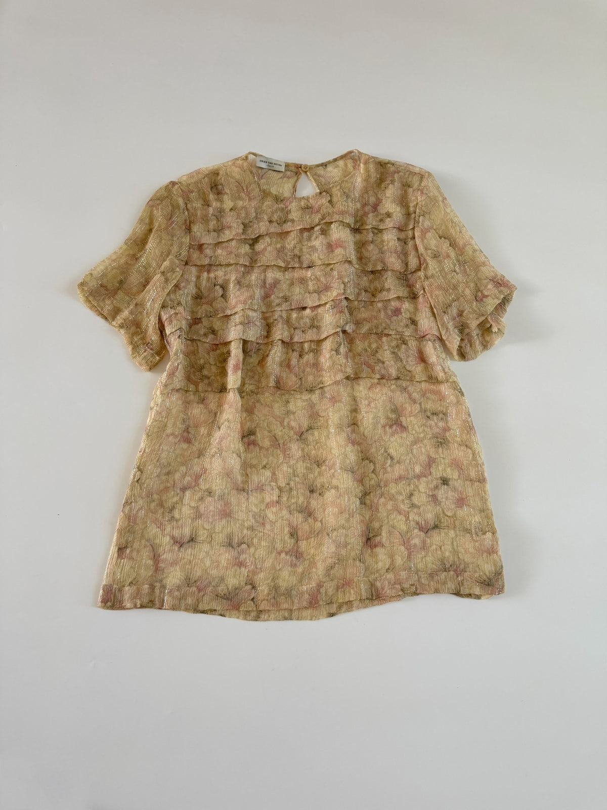 Dries van Noten Silver Watercolor Floral Distressed Silk Top