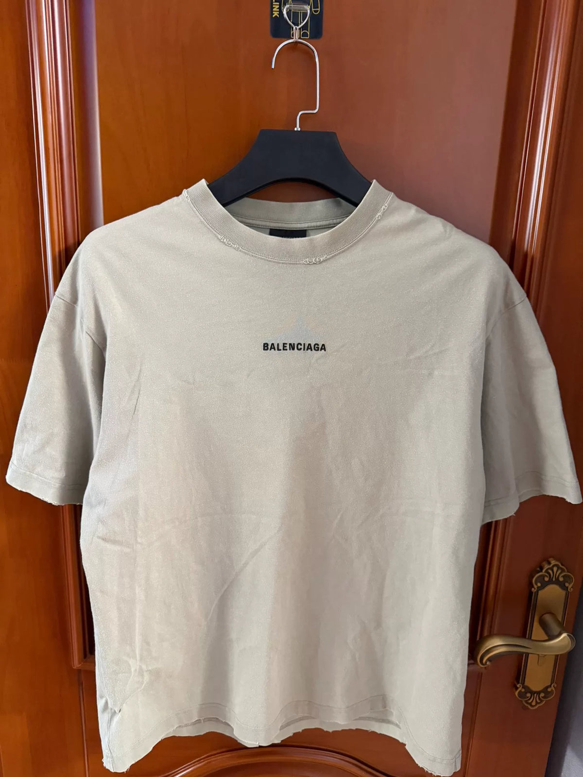 Balenciaga Khaki Front and Back Embroidered Logo Short Sleeve Top