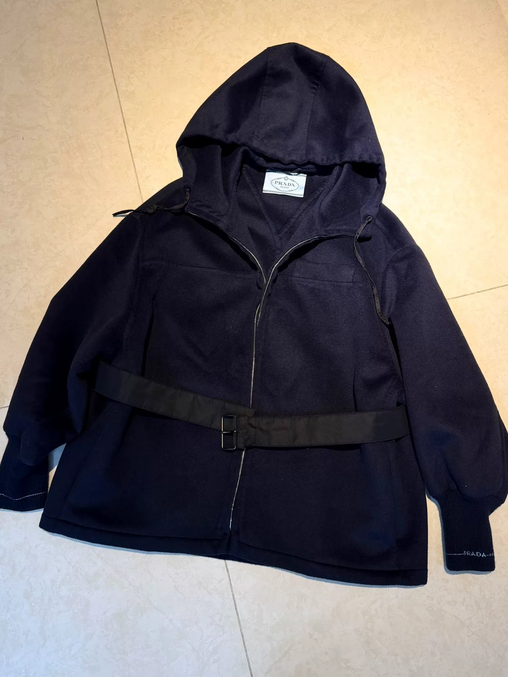 Prada Navy Blue Hooded Zip-Up Cashmere Sweater