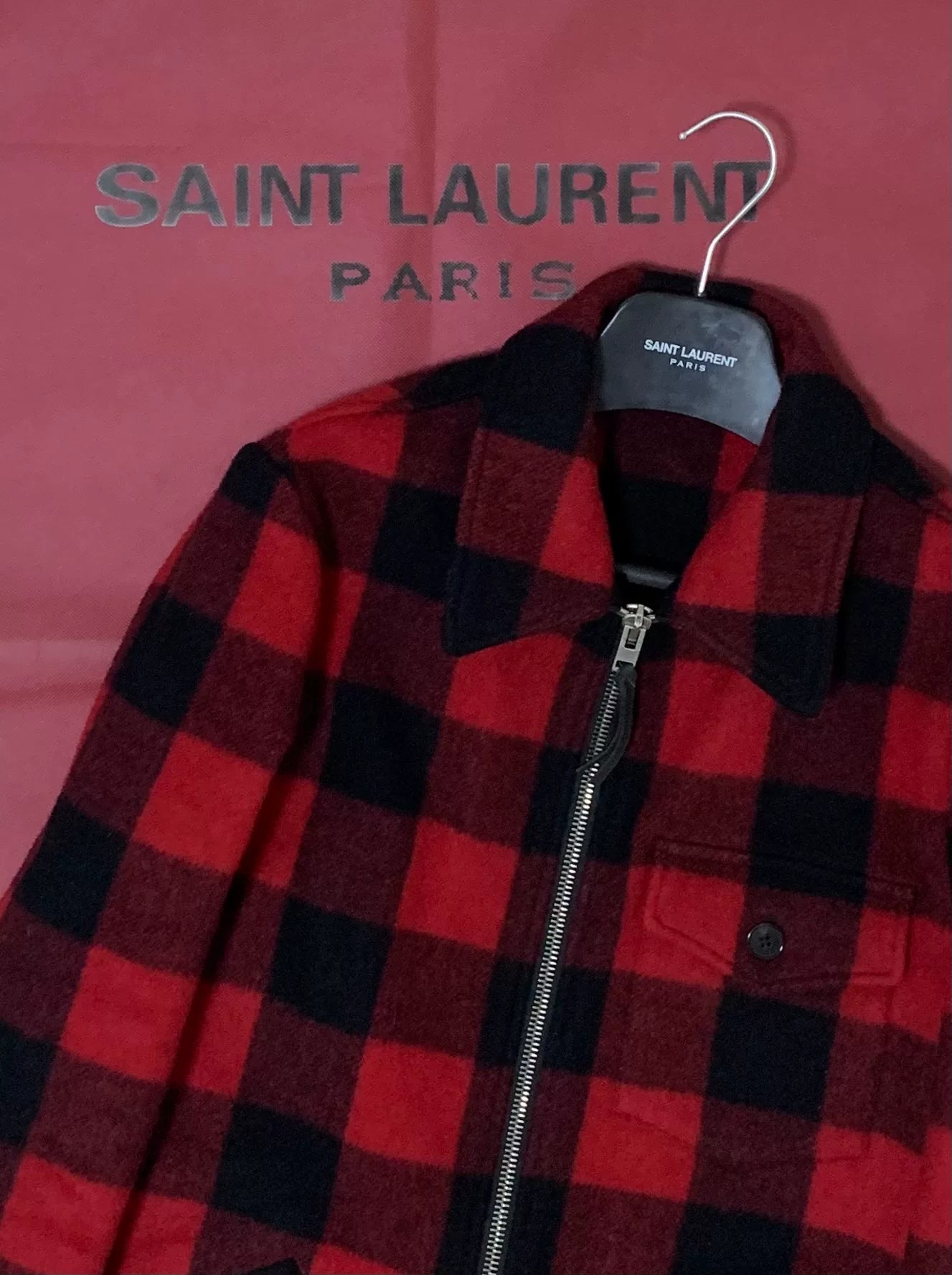Saint Laurent 13FW Pocket Red Black Plaid Wool Flannel Jacket