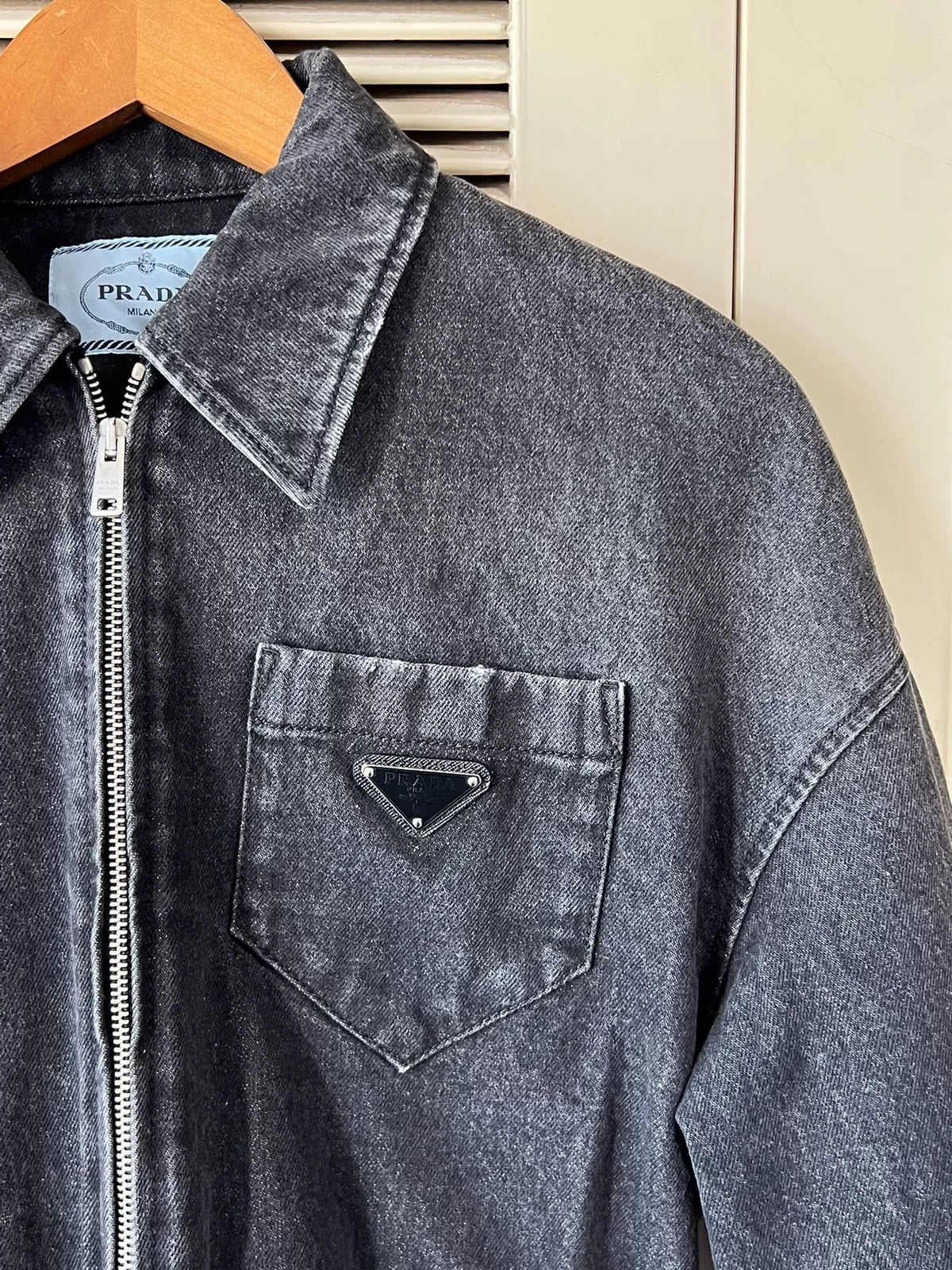 Prada Gray Denim Triangle Logo Jacket