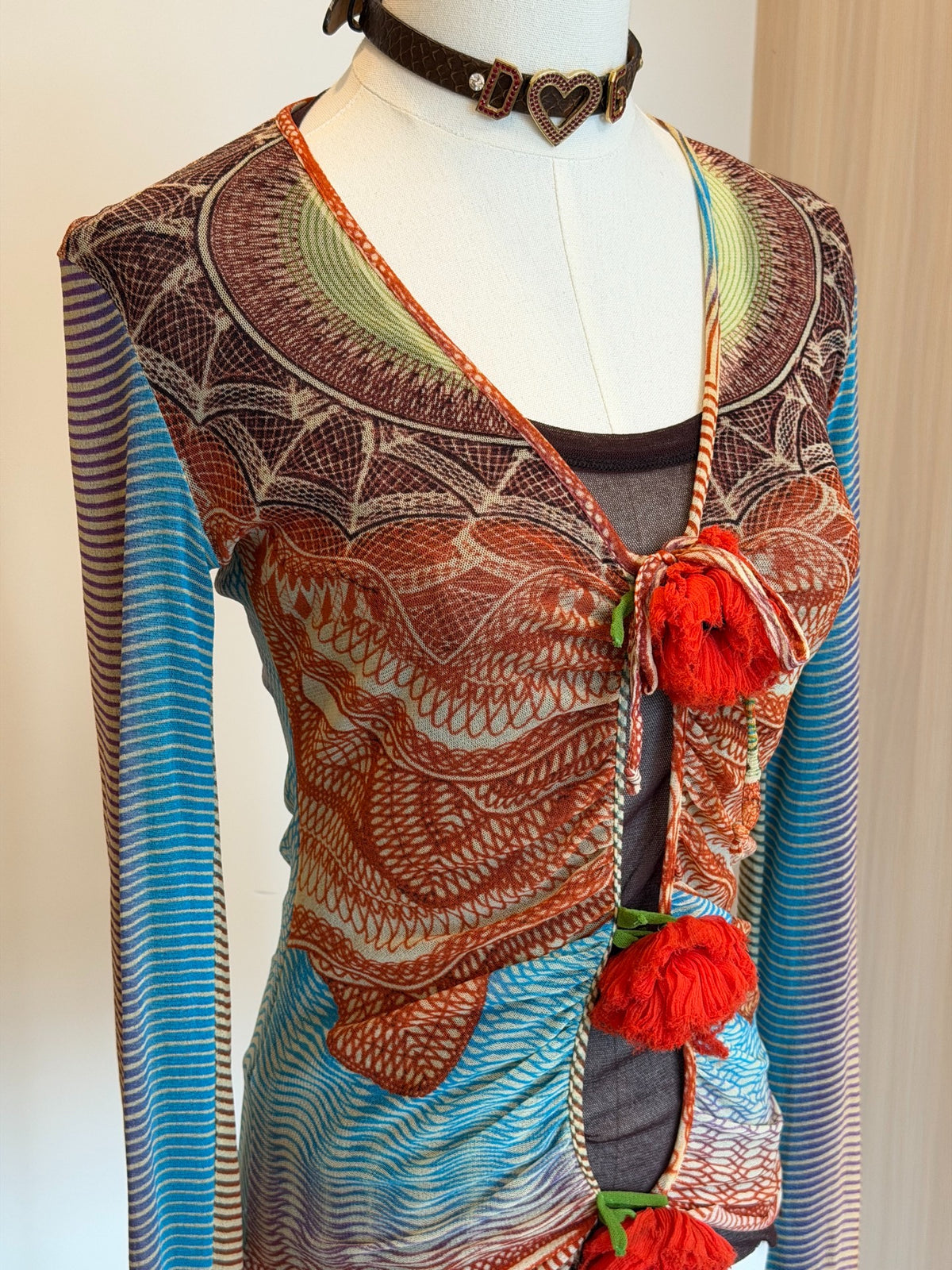 Jean Paul Gaultier Vintage V-Neck Mesh Print Long Sleeve Top