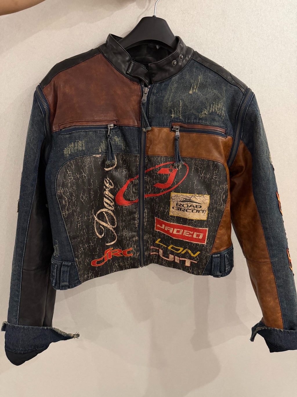 Jaded London Leather-Panel Embroidered Denim Jacket