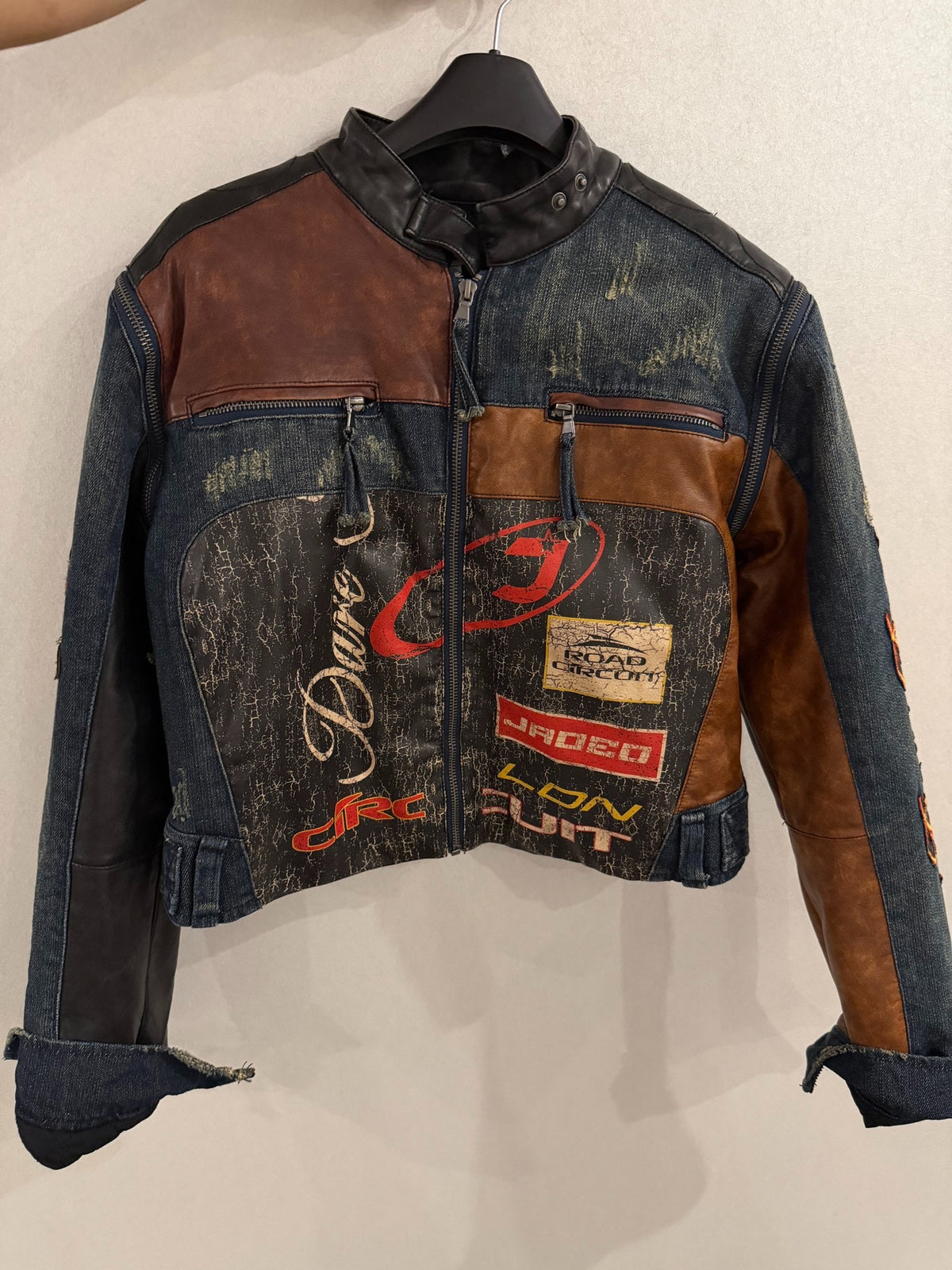 Jaded London Leather-Panel Embroidered Denim Jacket