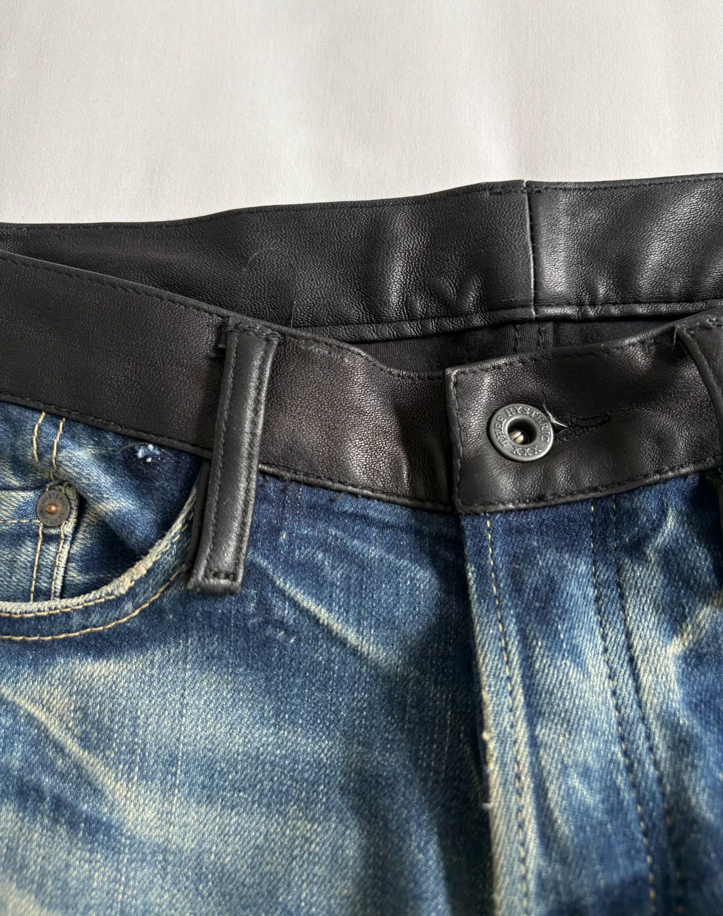 hysteric glamour denim patchwork leather pants Japanese brand Hysteric (HG) printed denim