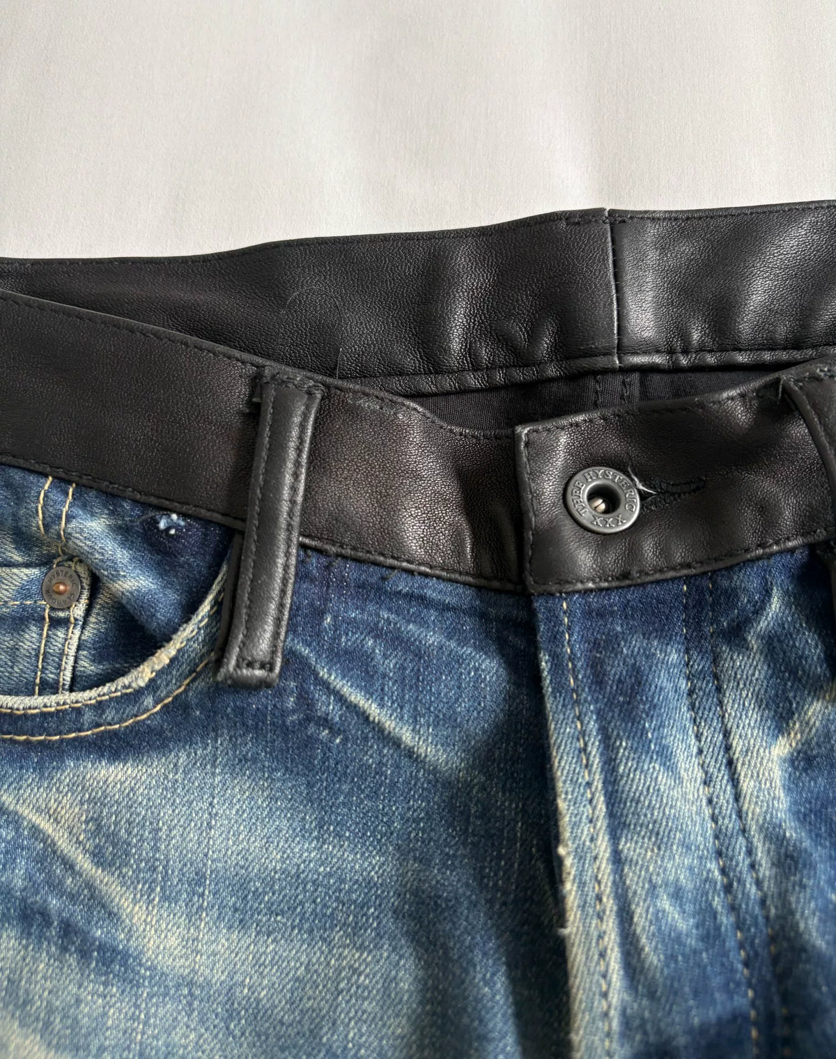 hysteric glamour denim patchwork leather pants Japanese brand Hysteric (HG) printed denim