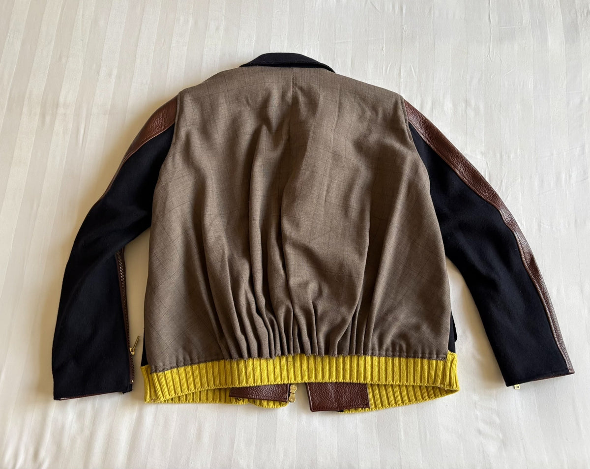 Undercover Zip Panel Leather Deconstructed Pleated Plaid Knit Jacket