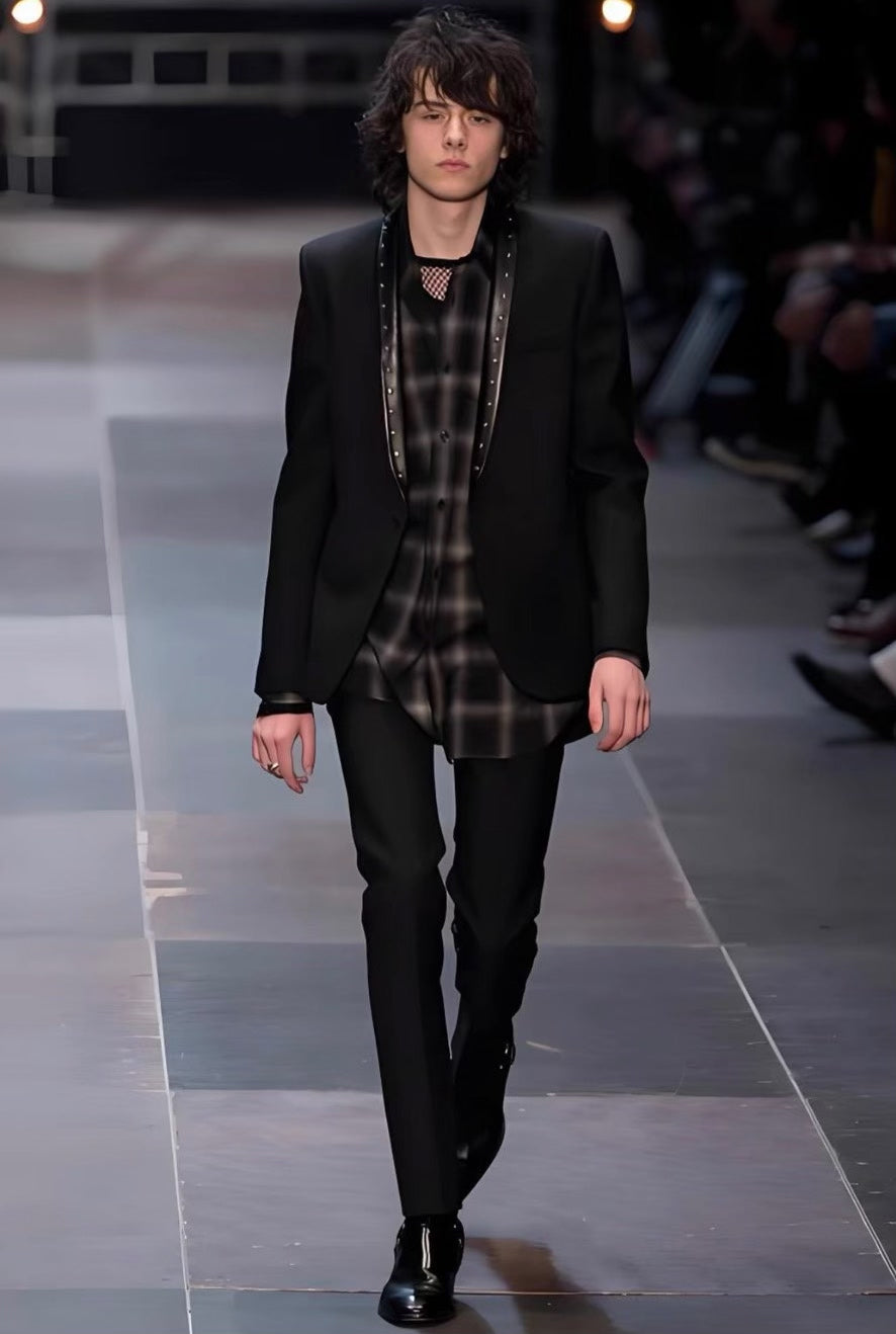 Saint Laurent 13FW Hedi Slimane Black White Plaid Cat-Eye Button Shirt by Hedi Slimane
