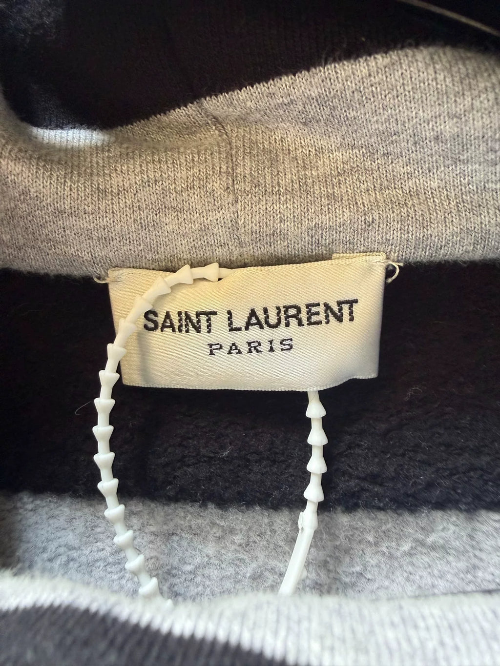 Saint Laurent Paris 17AW Black Striped Distressed Tassel Drawstring Turtleneck Fringe Hoodie by Anthony Vaccarello