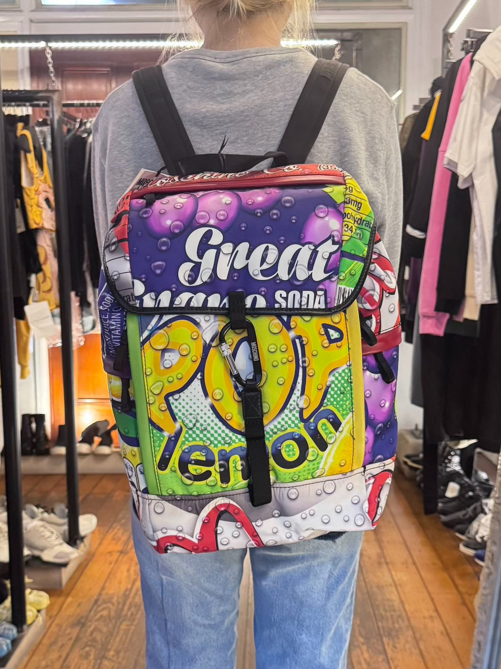 Moschino SS15 Soda Brand Print Black Leather Backpack