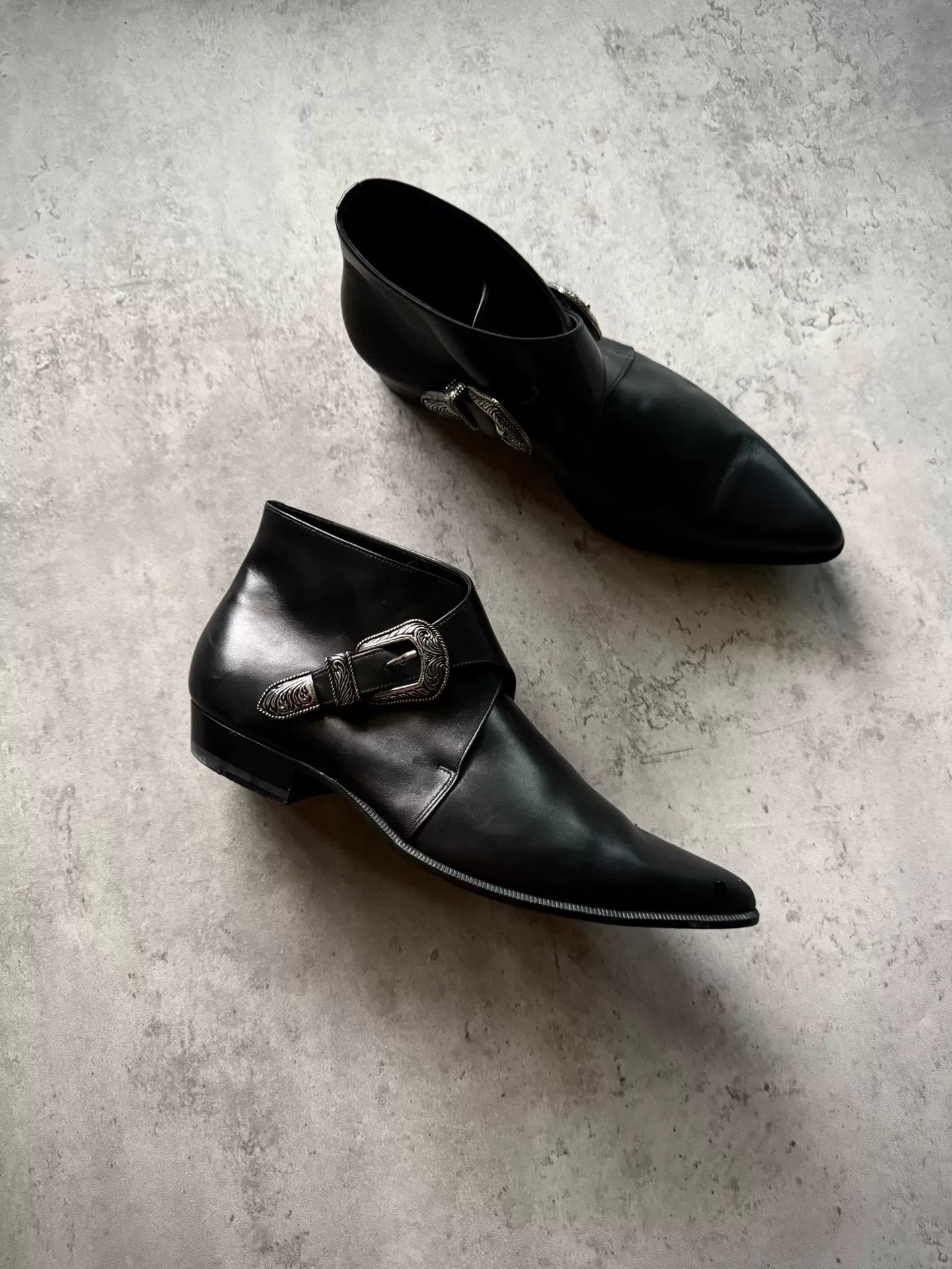 Saint Laurent Paris 14SS Black Leather Double Buckle Western Ankle Boots by Hedi Slimane