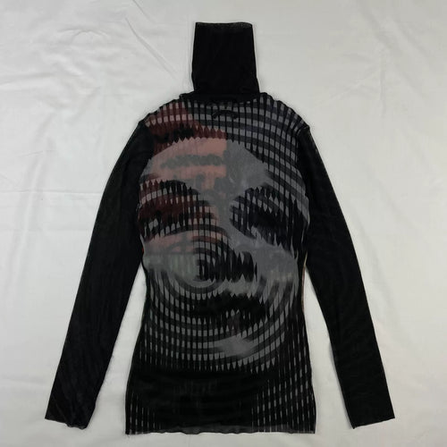 2001 Fall/Winter Jean Paul Gaultier Woman's Face Print Turtleneck Mesh T-Shirt