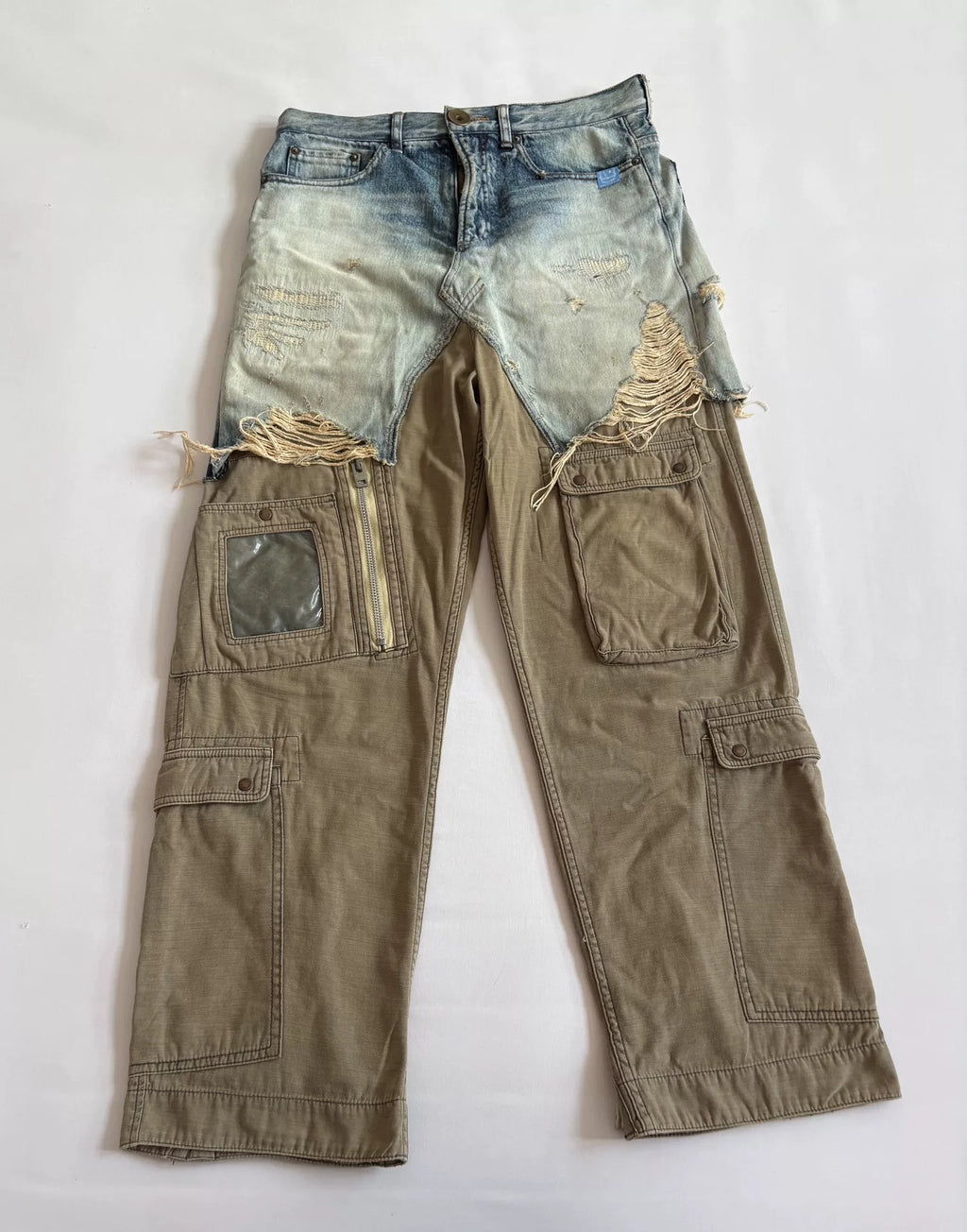 MIHARA YASUHIRO Black Cyber Polka Dot Panel Distressed Denim Cargo Trousers