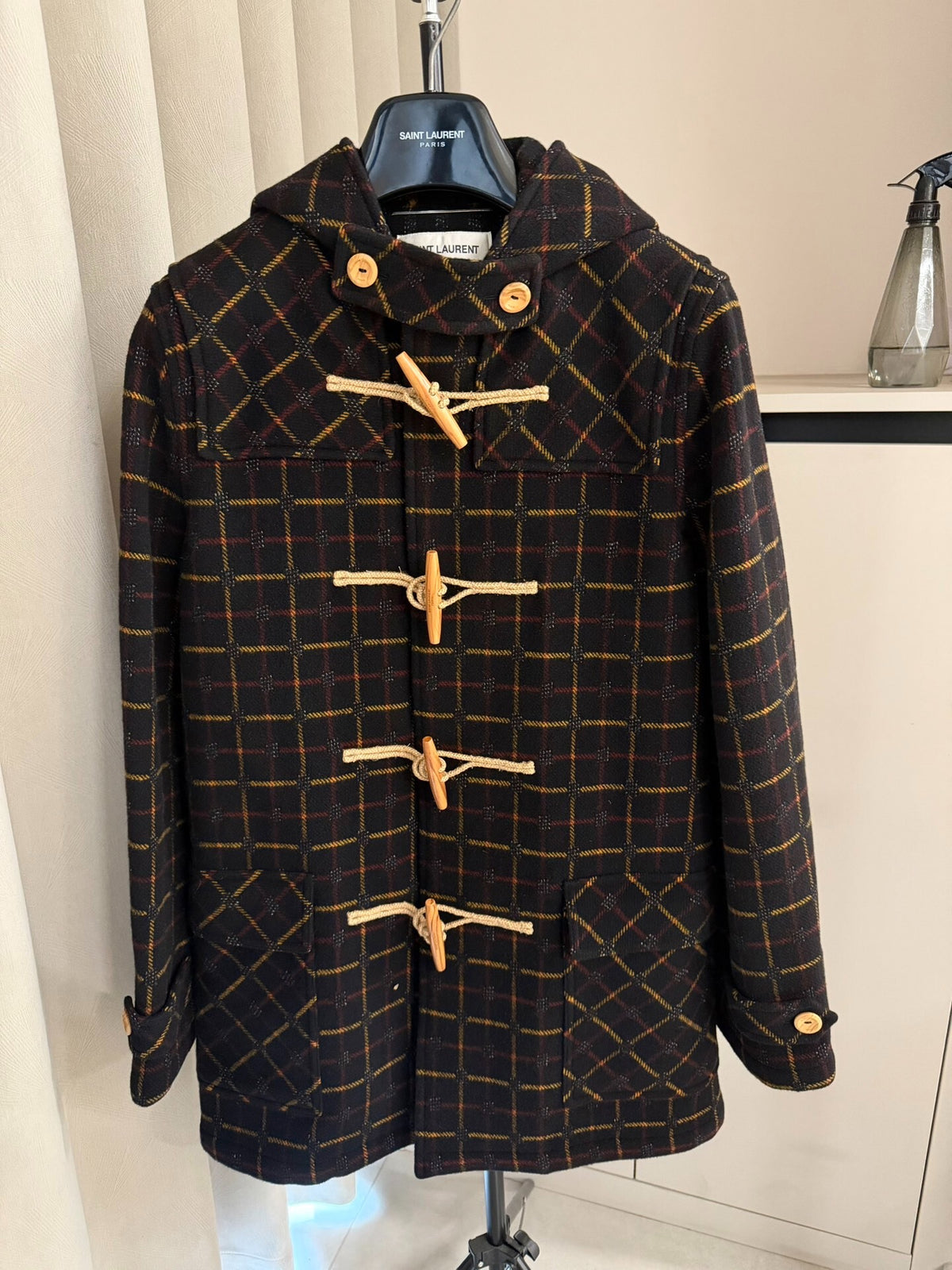 Saint Laurent Paris FW20 Plaid Horn-Button Hooded Wool Coat