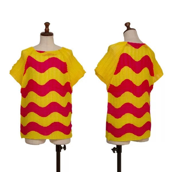 Issey Miyake Vintage Yellow Red Wave Stripe Pleated Top