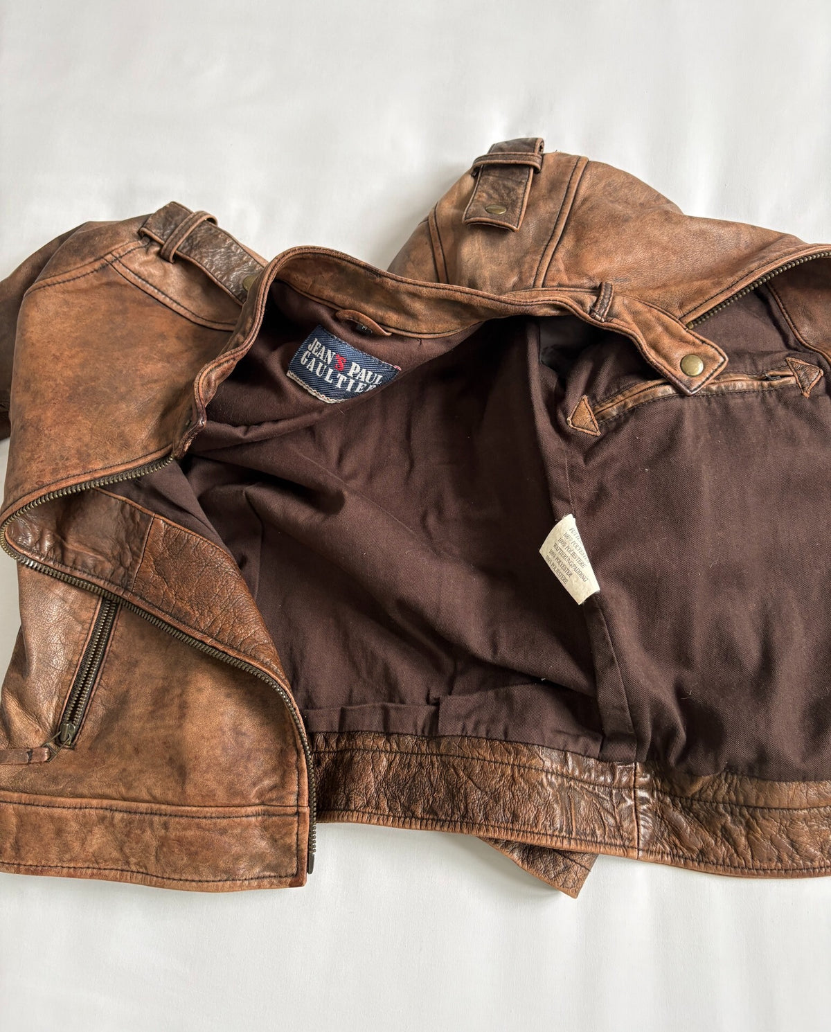 jean paul gaultier leather jacket high tige vintage distressed mottled motorcycle leather jacket