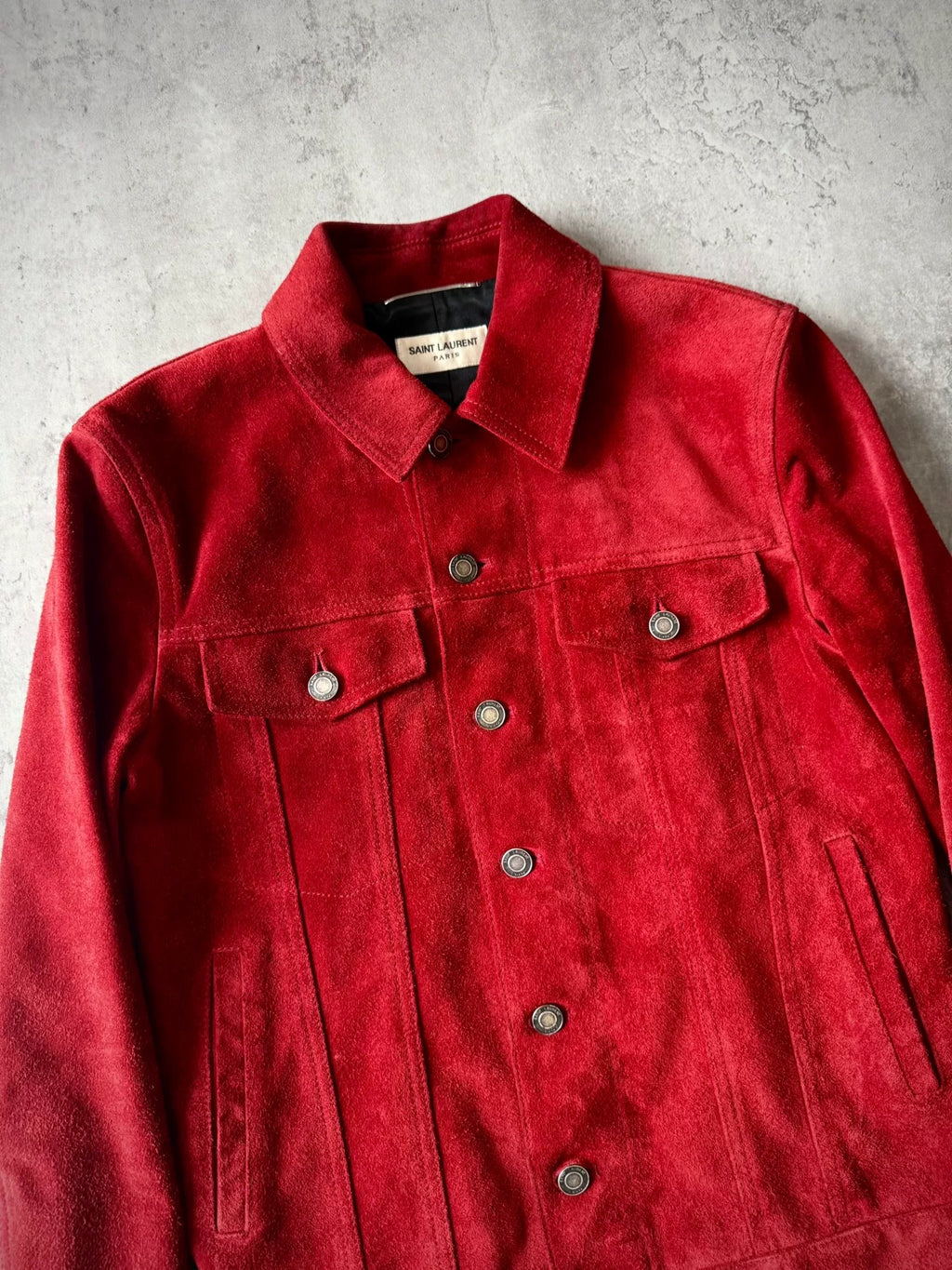 Saint Laurent Paris AW19 Red Suede Trucker Jacket