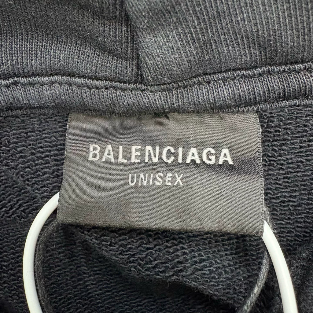 Balenciaga Black Distressed Wash Appliqué Logo Hooded Sweater