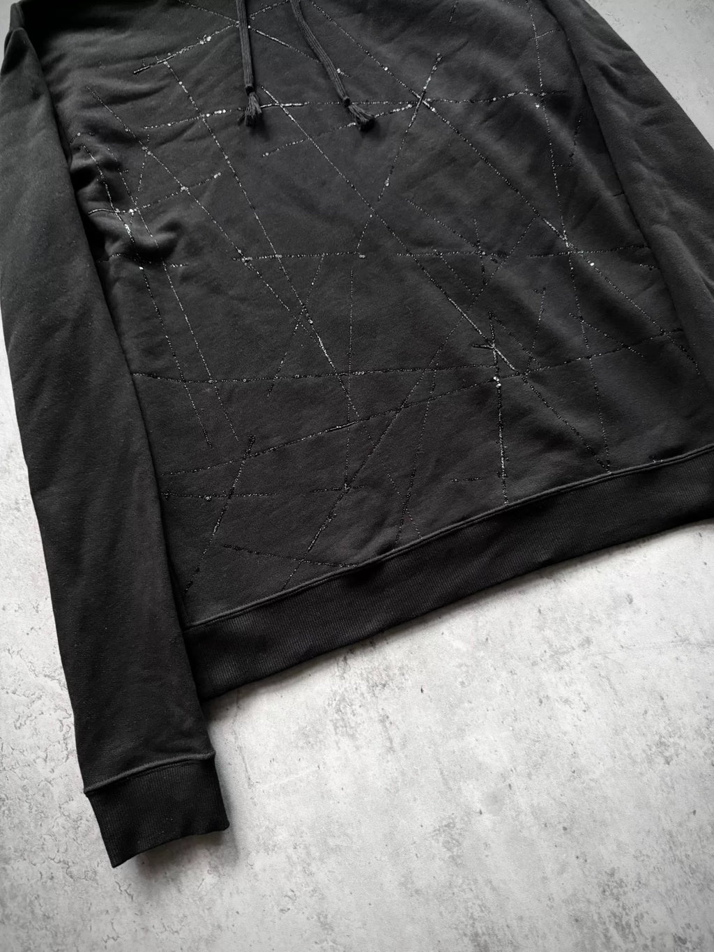 Saint Laurent Paris 19AW Black Geometric Star Glitter Embroidery Fringe Drawstring Hoodie by Anthony Vaccarello