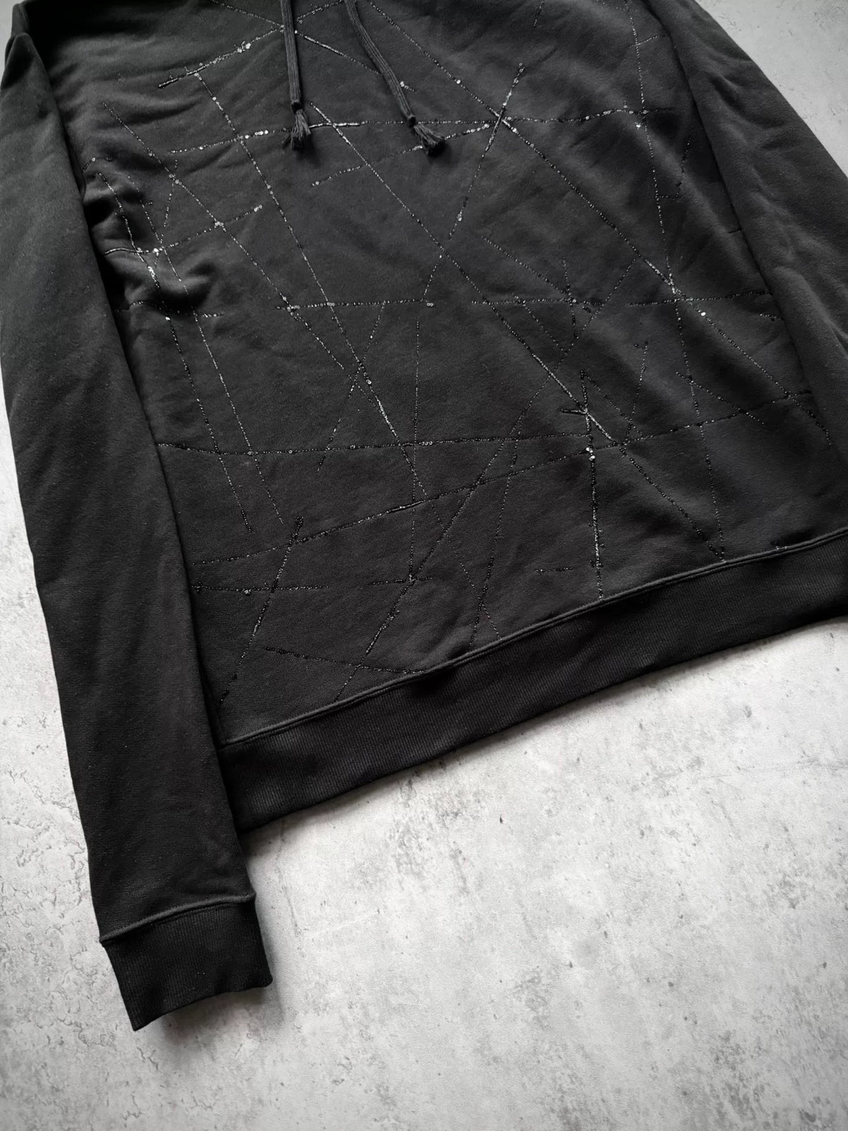Saint Laurent Paris 19AW Black Geometric Star Glitter Embroidery Fringe Drawstring Hoodie by Anthony Vaccarello
