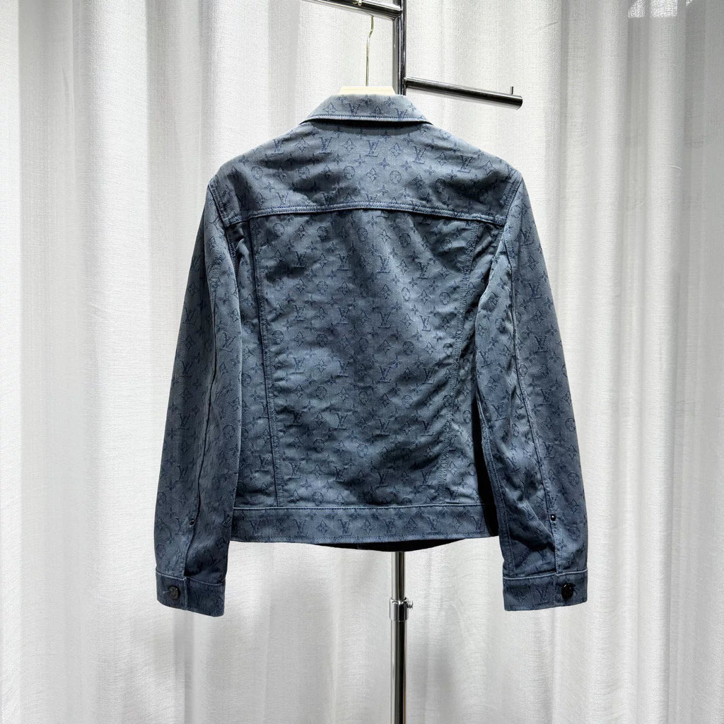 Louis Vuitton Denim Monogram All-Over Print Button-Front Washed Distressed Blue Jacket