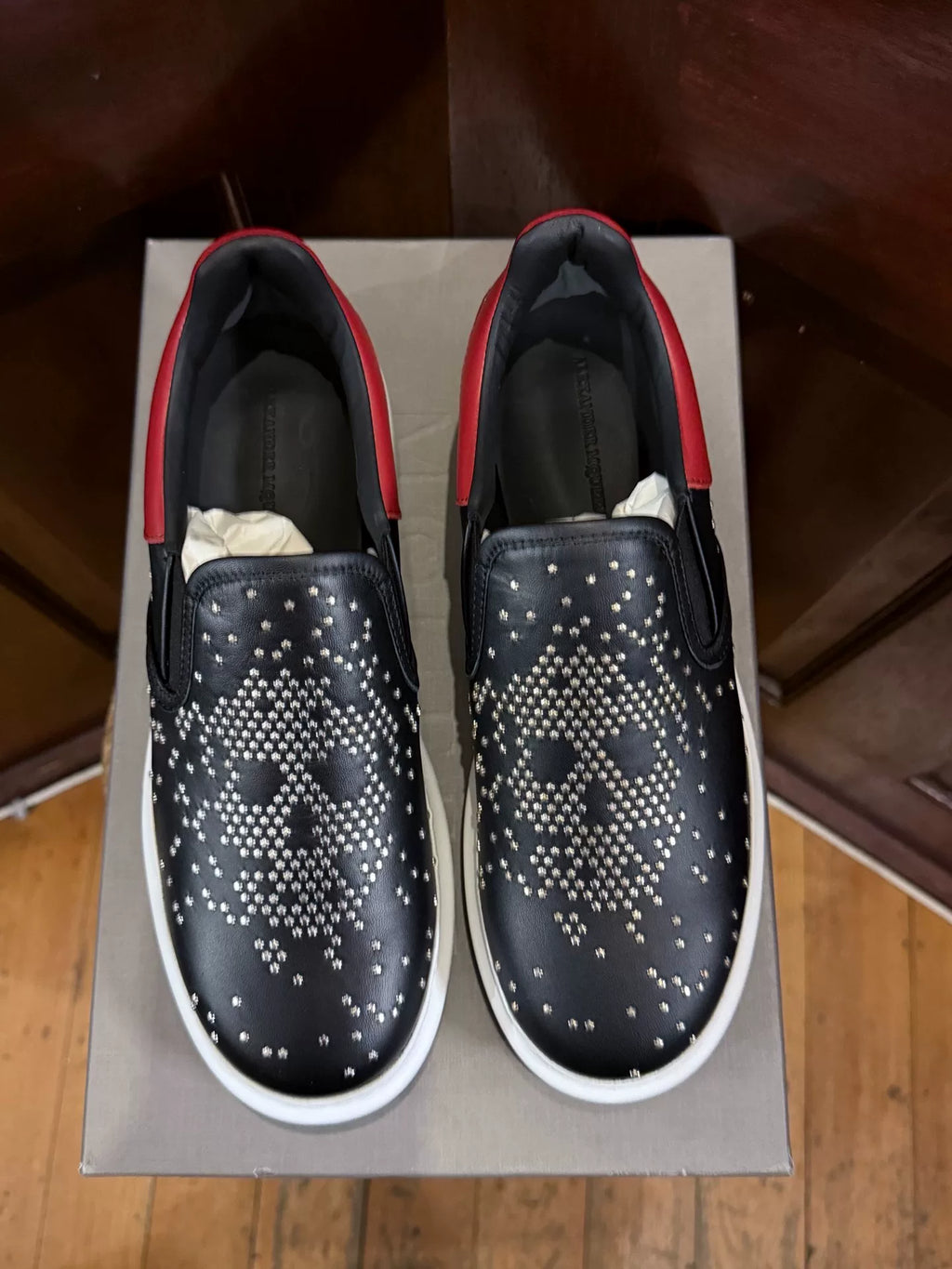 Alexander McQueen Black Five-Pointed Star Studded Skull Red Heel Chunky Sole Slip-On Sneakers