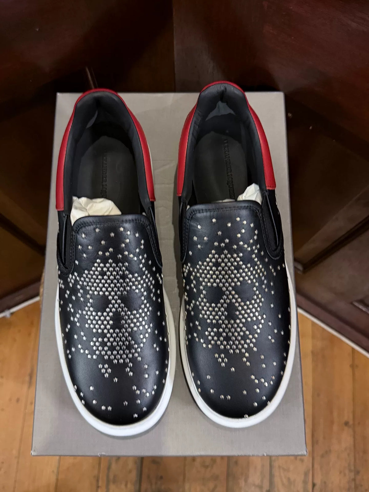 Alexander McQueen Black Five-Pointed Star Studded Skull Red Heel Chunky Sole Slip-On Sneakers
