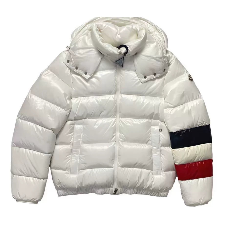 Moncler White Contrast Panel Detachable Hood Zip-Up Nylon Down Jacket