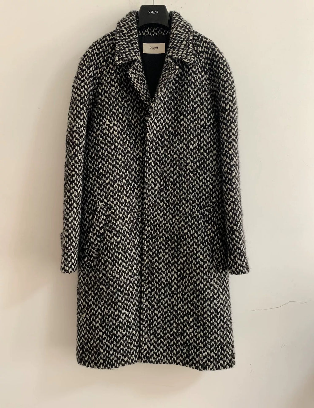 Celine FW19 Black White Plaid Snowflake Wool Mohair Coat