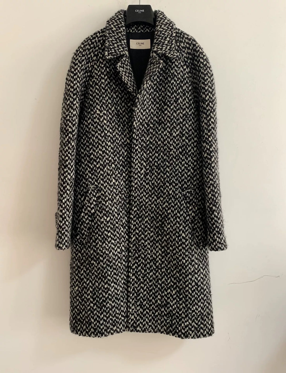 Celine FW19 Black White Plaid Snowflake Wool Mohair Coat