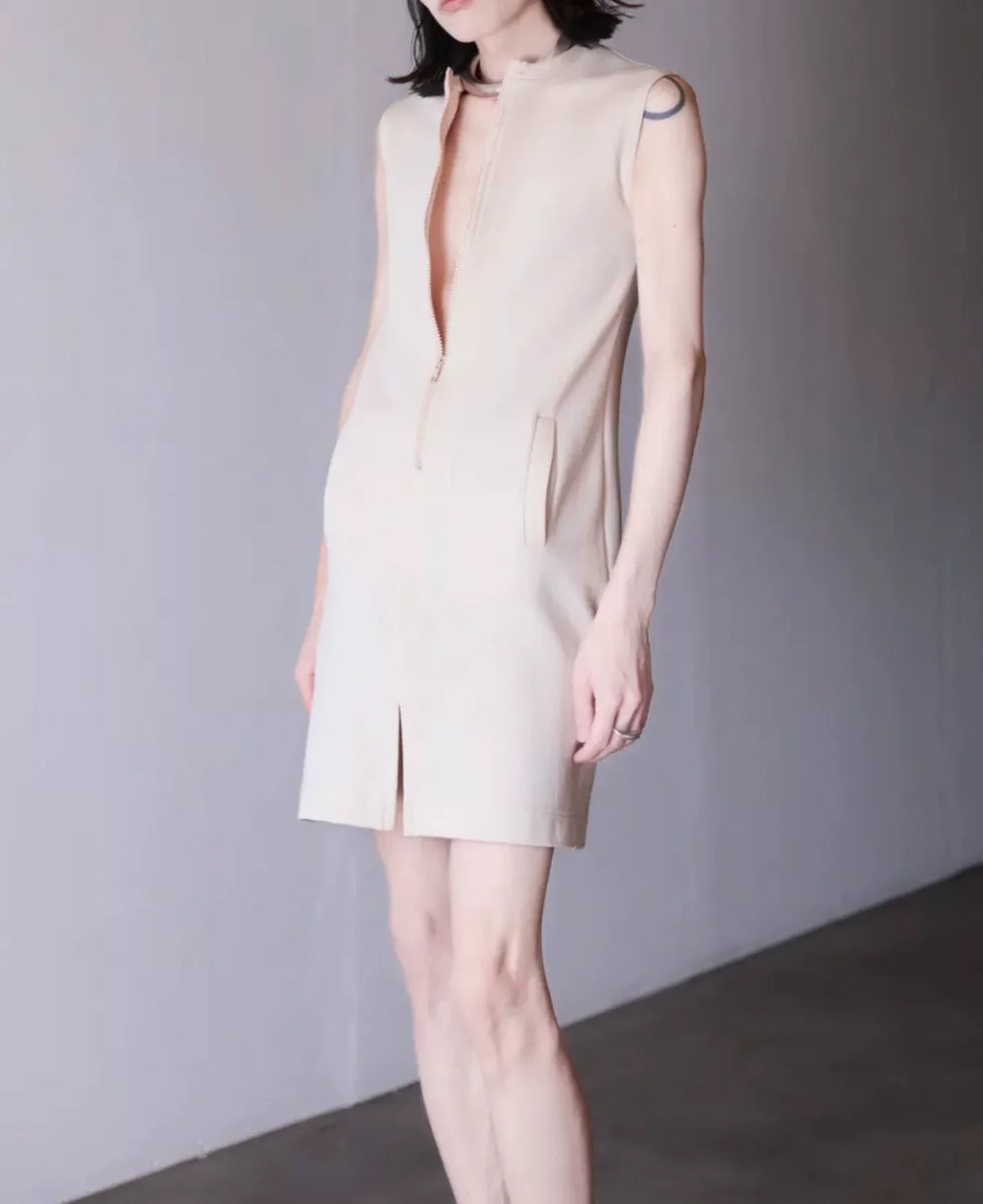 Loewe Beige Half-Zip Sleeveless Mini Dress