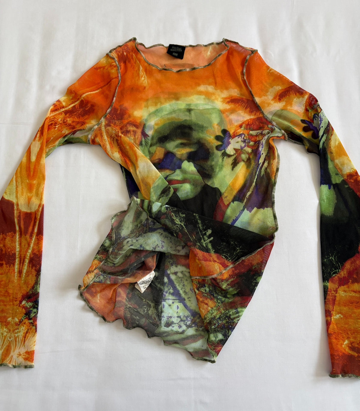 Jean Paul GAULTIER runway-style portrait print mesh top