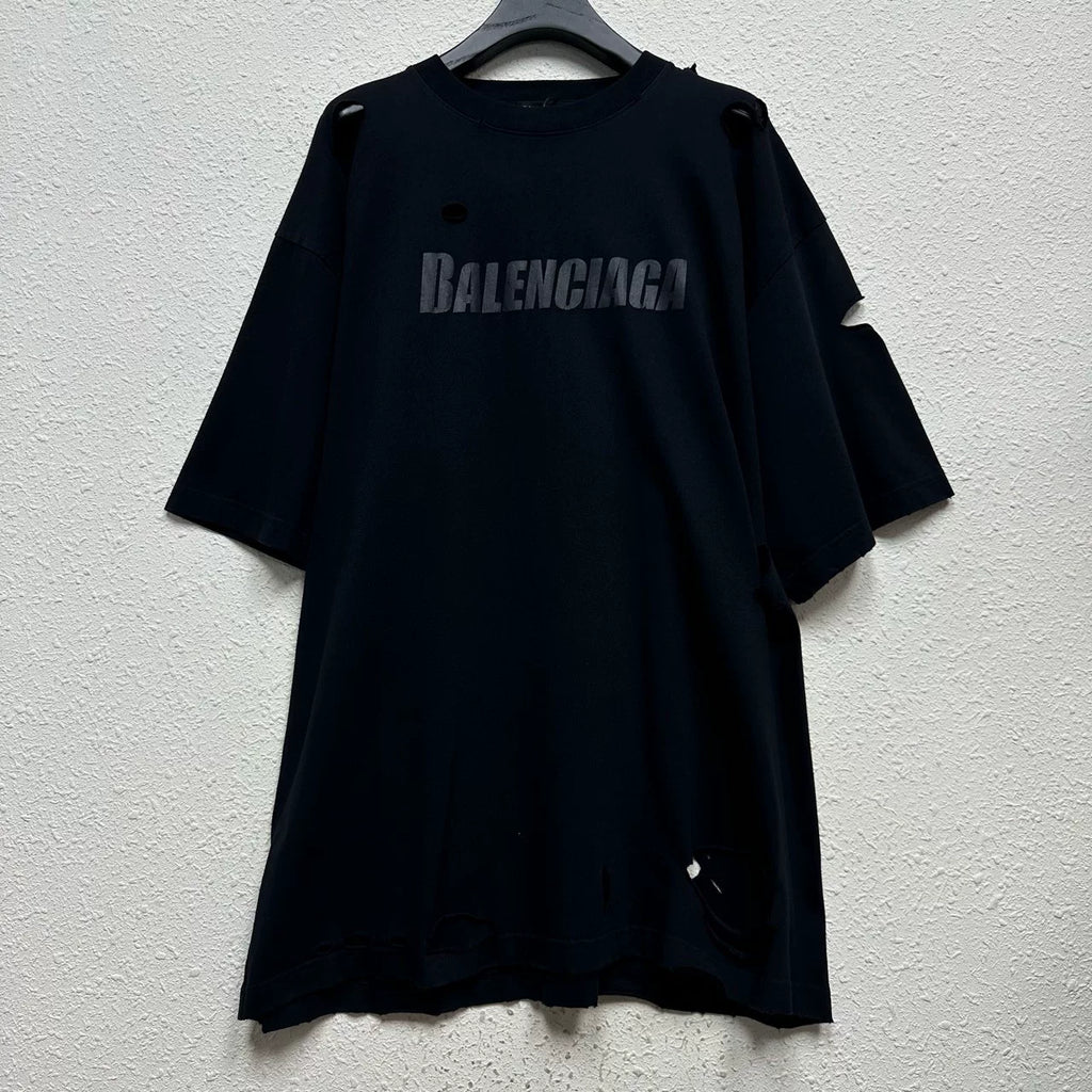 Balenciaga Black Big Distressed Logo Short Sleeve Top