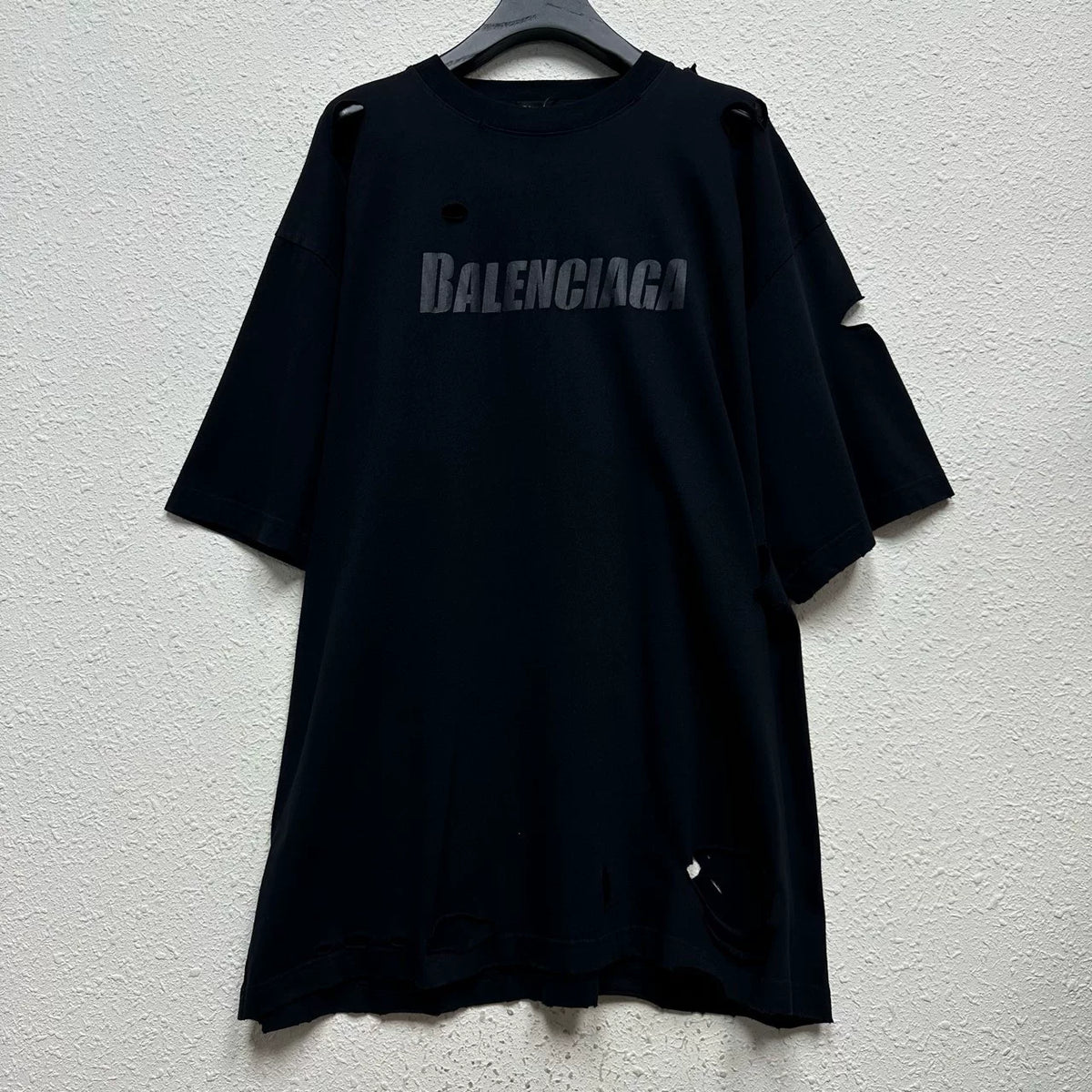 Balenciaga Black Big Distressed Logo Short Sleeve Top