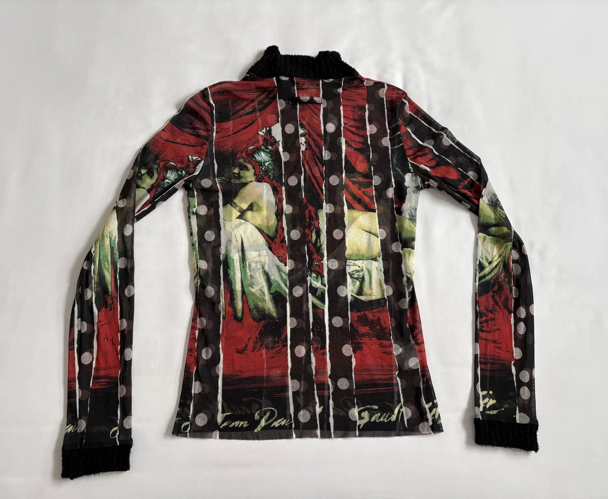 jean paul gaultier portrait print mesh dress Gaultier pre‑owned vintage beautiful woman portrait polka dot knit patchwork mesh top