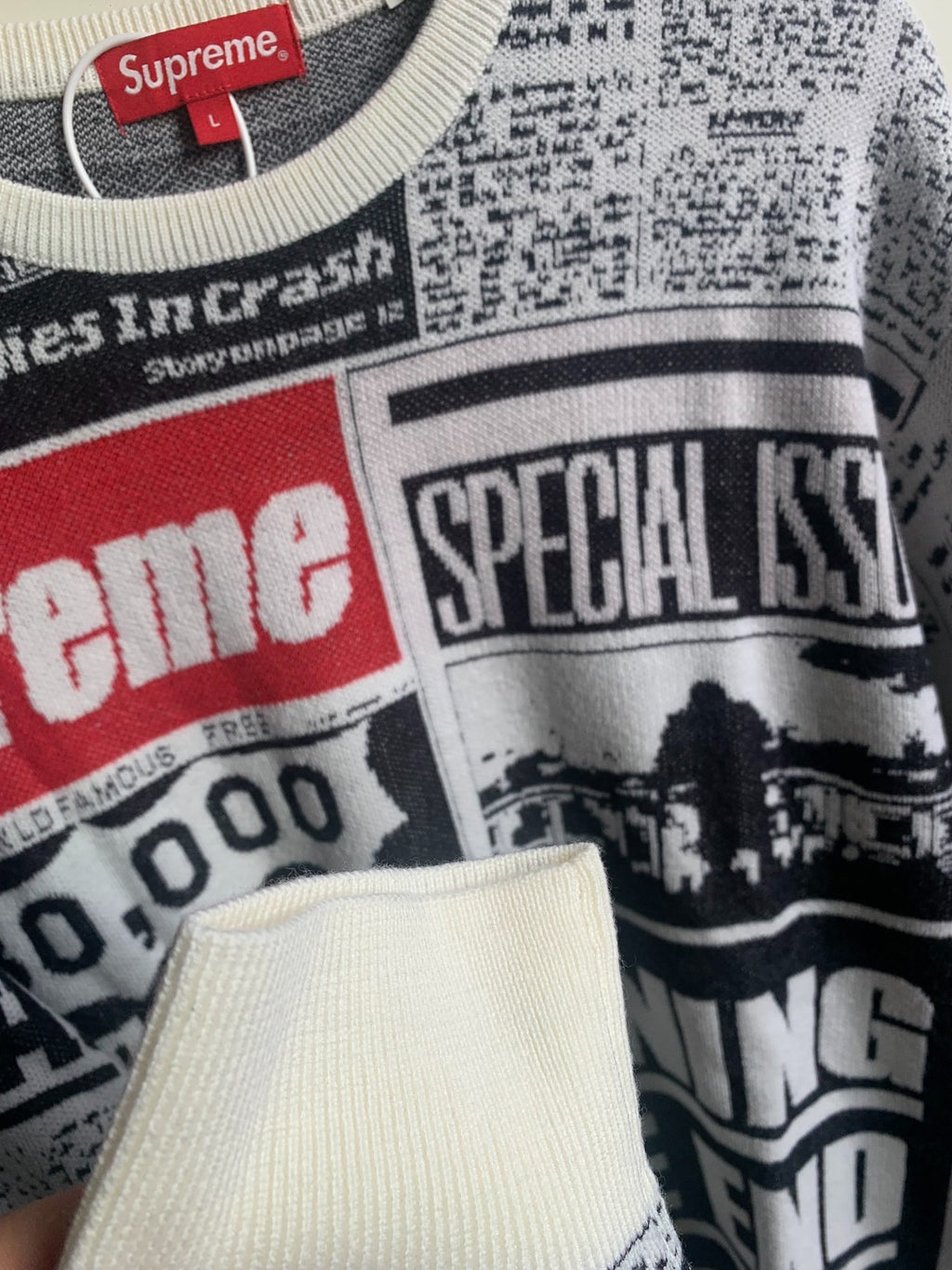 Supreme Black & White Newspaper Print Wool Viscose Sweater