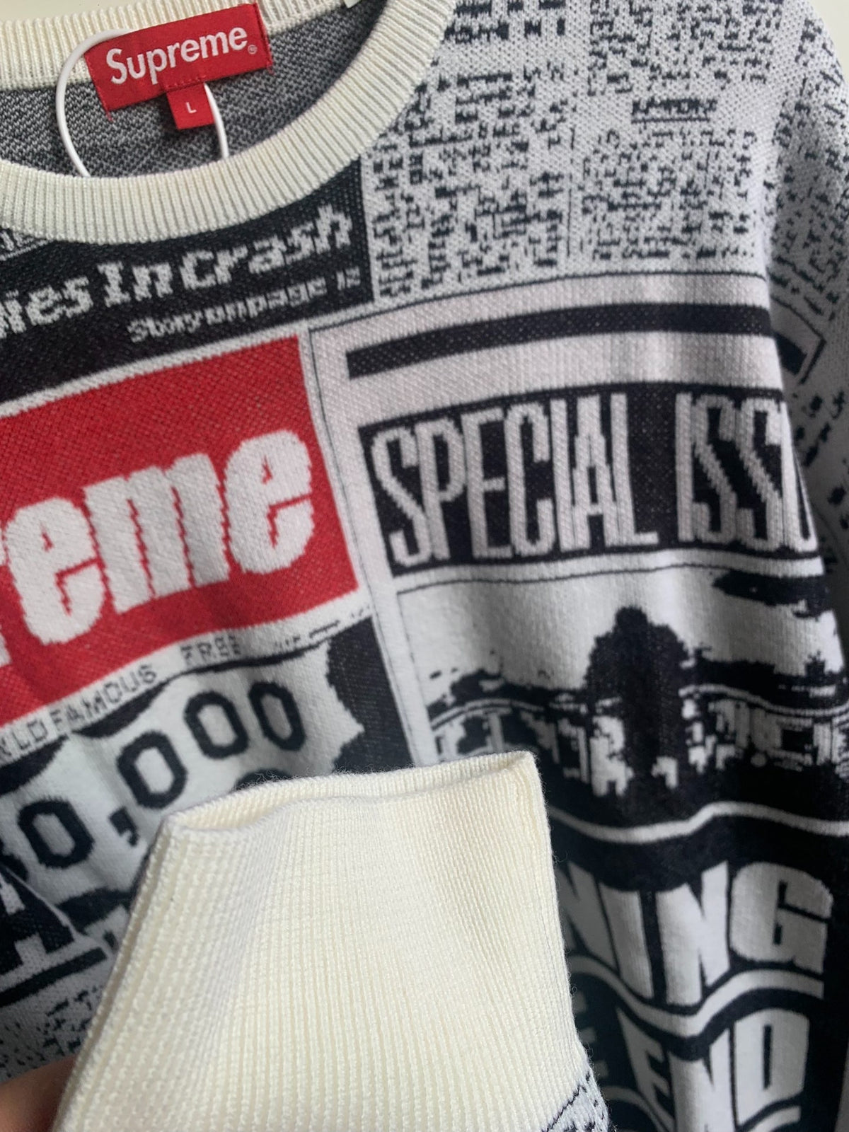 Supreme Black & White Newspaper Print Wool Viscose Sweater