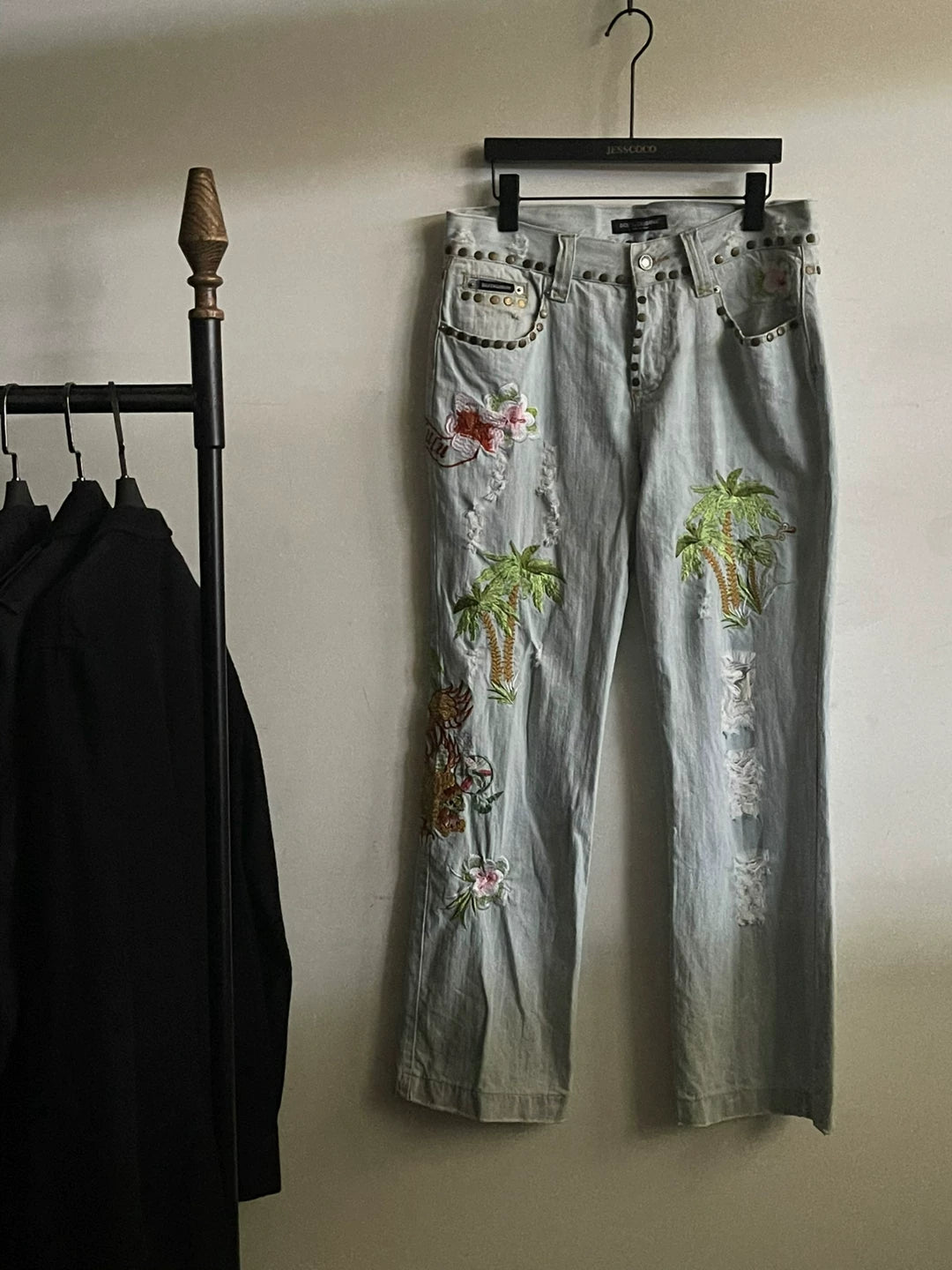 Dolce Gabbana 05ss show style embroidered riveted denim pants