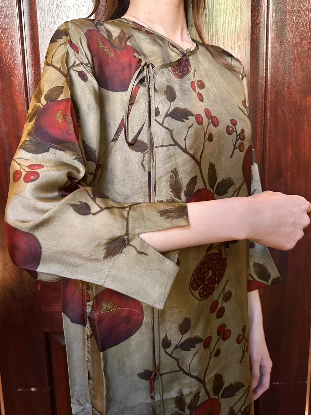 Uma Wang FW25 Pre Tan/Red/Green Agina Pomegranate Print Viscose/Cupro Dress