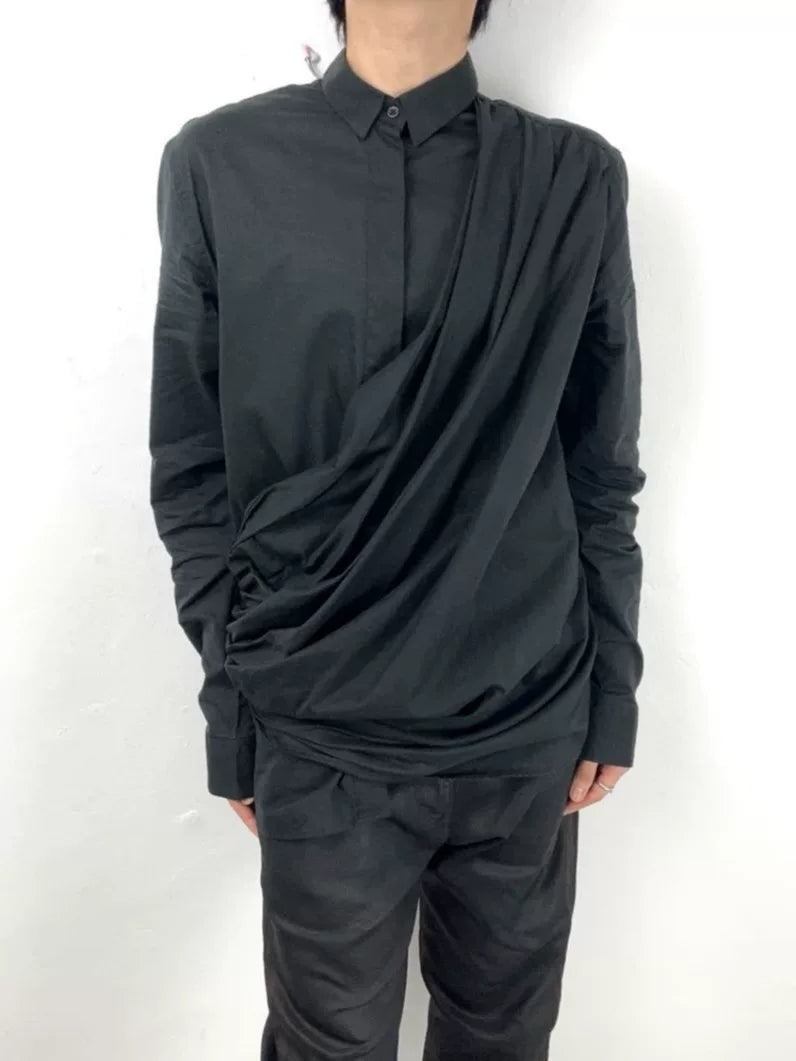 Balmain Fw1 FW17 Black Draped Hidden Placket Cotton Shirt