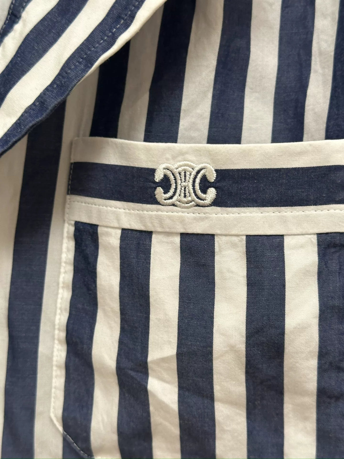 Celine Arc de Triomphe Logo Blue White Stripe Short Sleeve Shirt