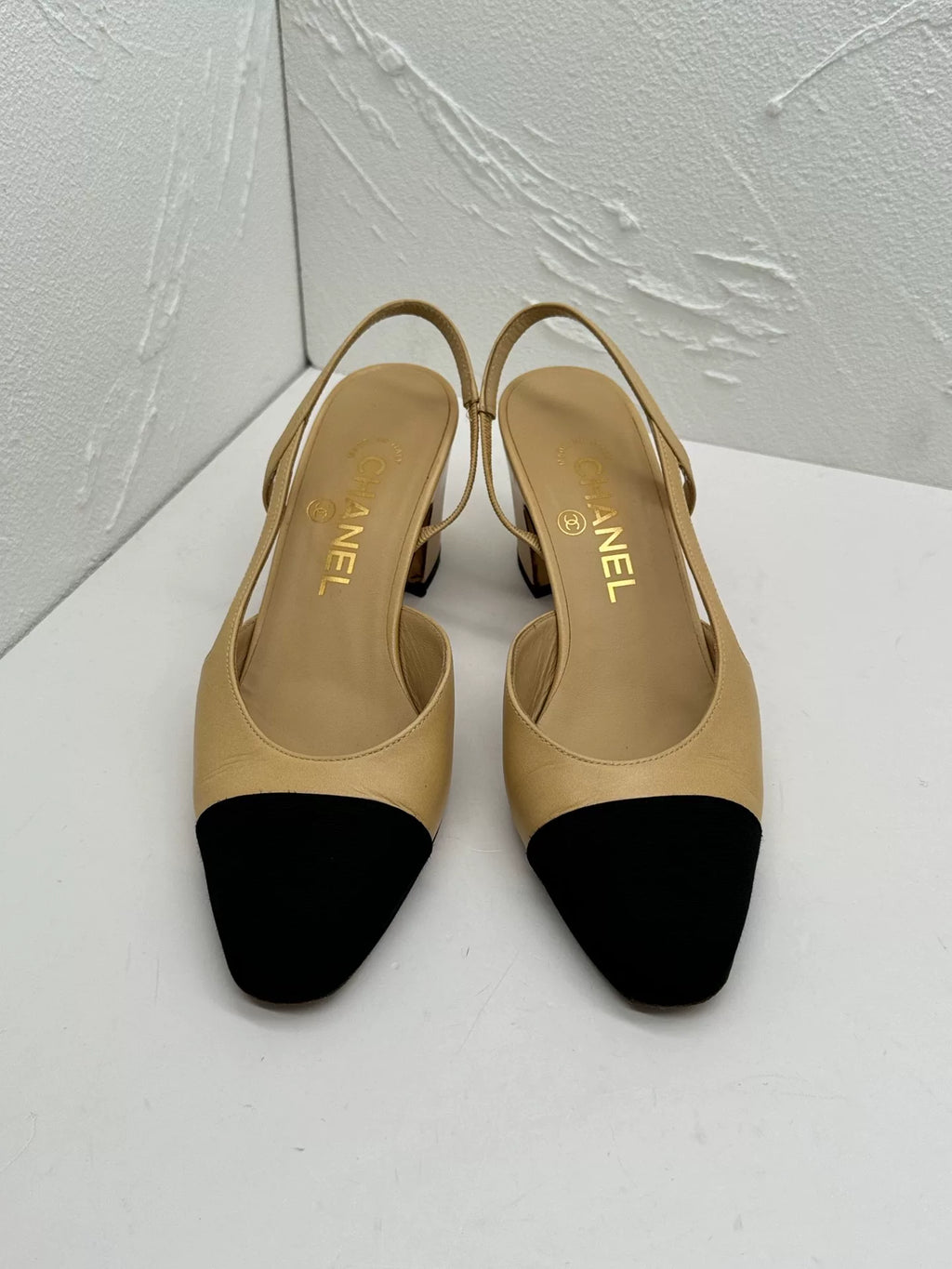 Chanel Beige Back-Tie Chunky Heels