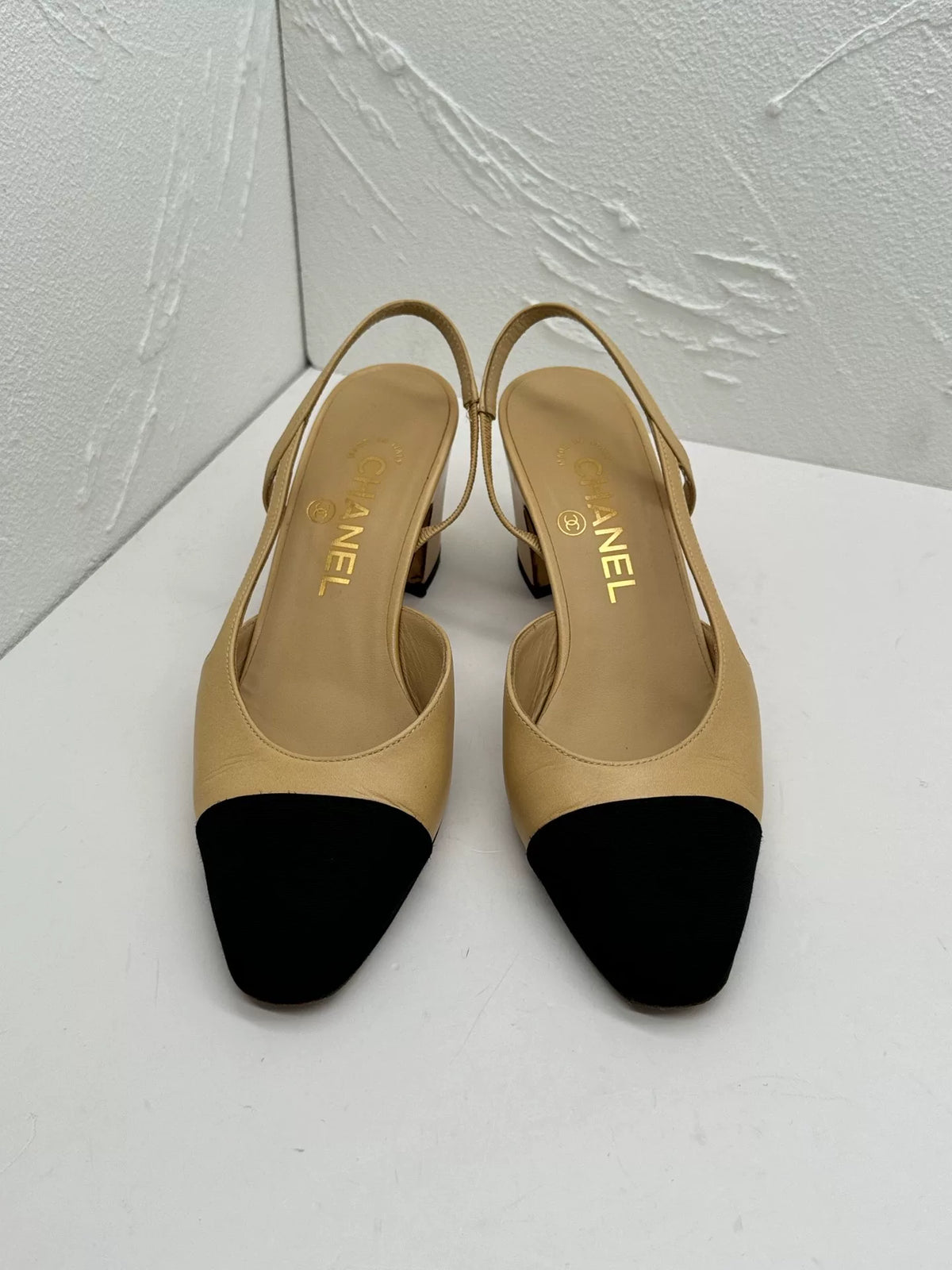 Chanel Beige Back-Tie Chunky Heels