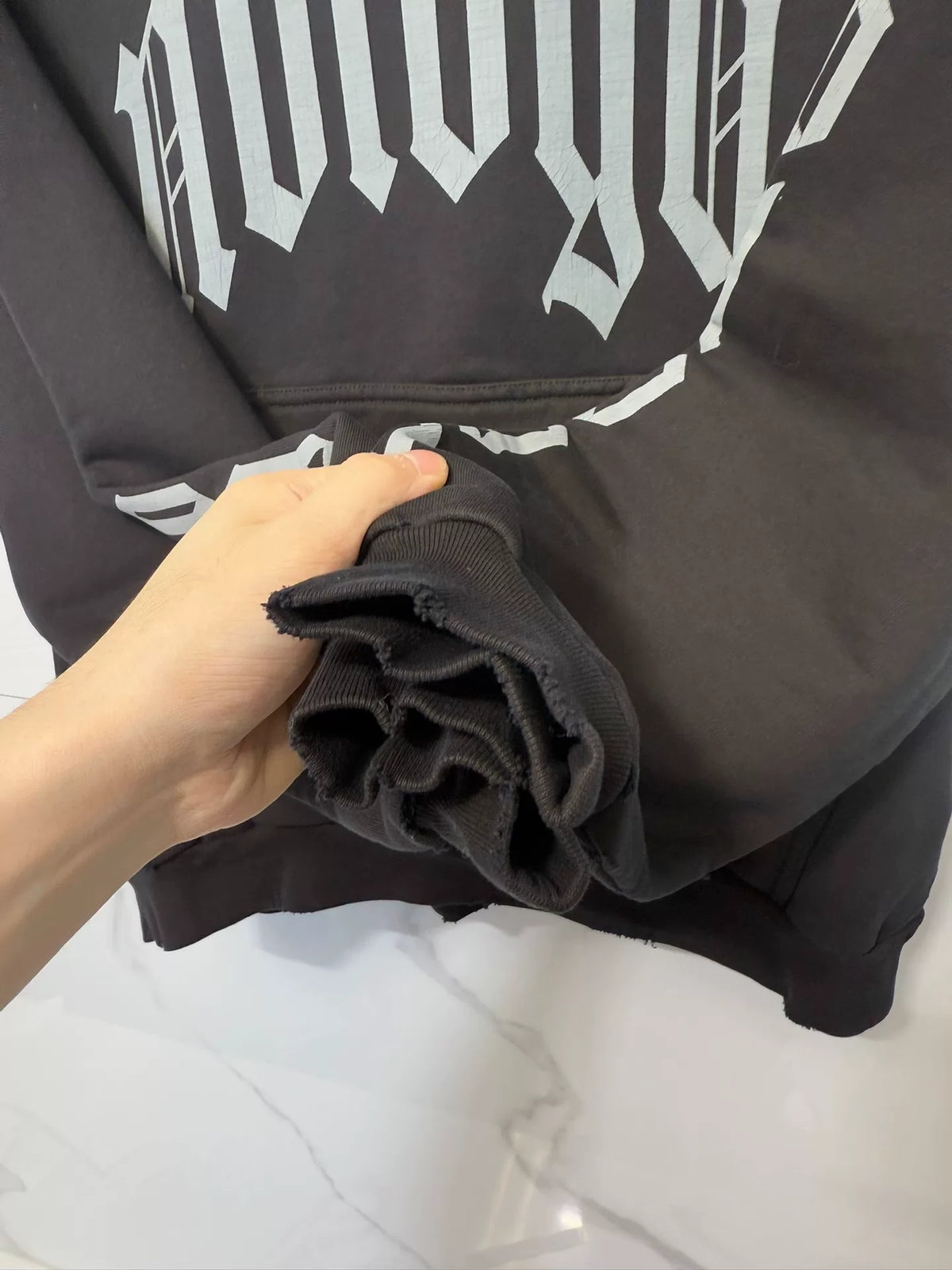 Balenciaga FW23 Black Distressed Letter Print Hooded Sweater