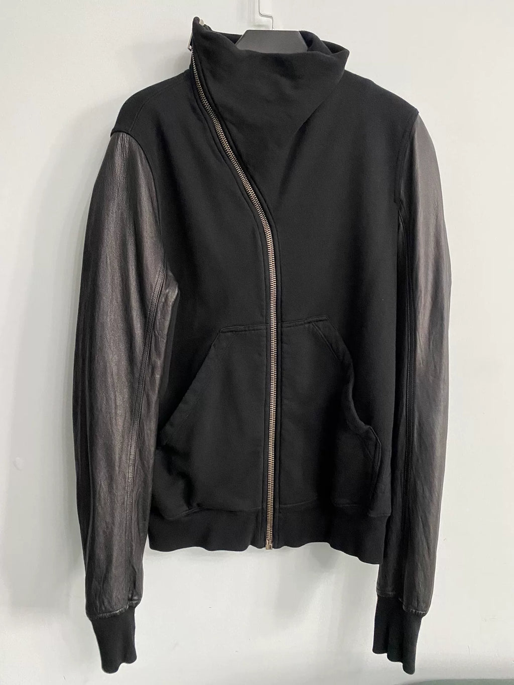 Rick Owens mainline stand-up collar leather sleeve patchwork zip-up jacket