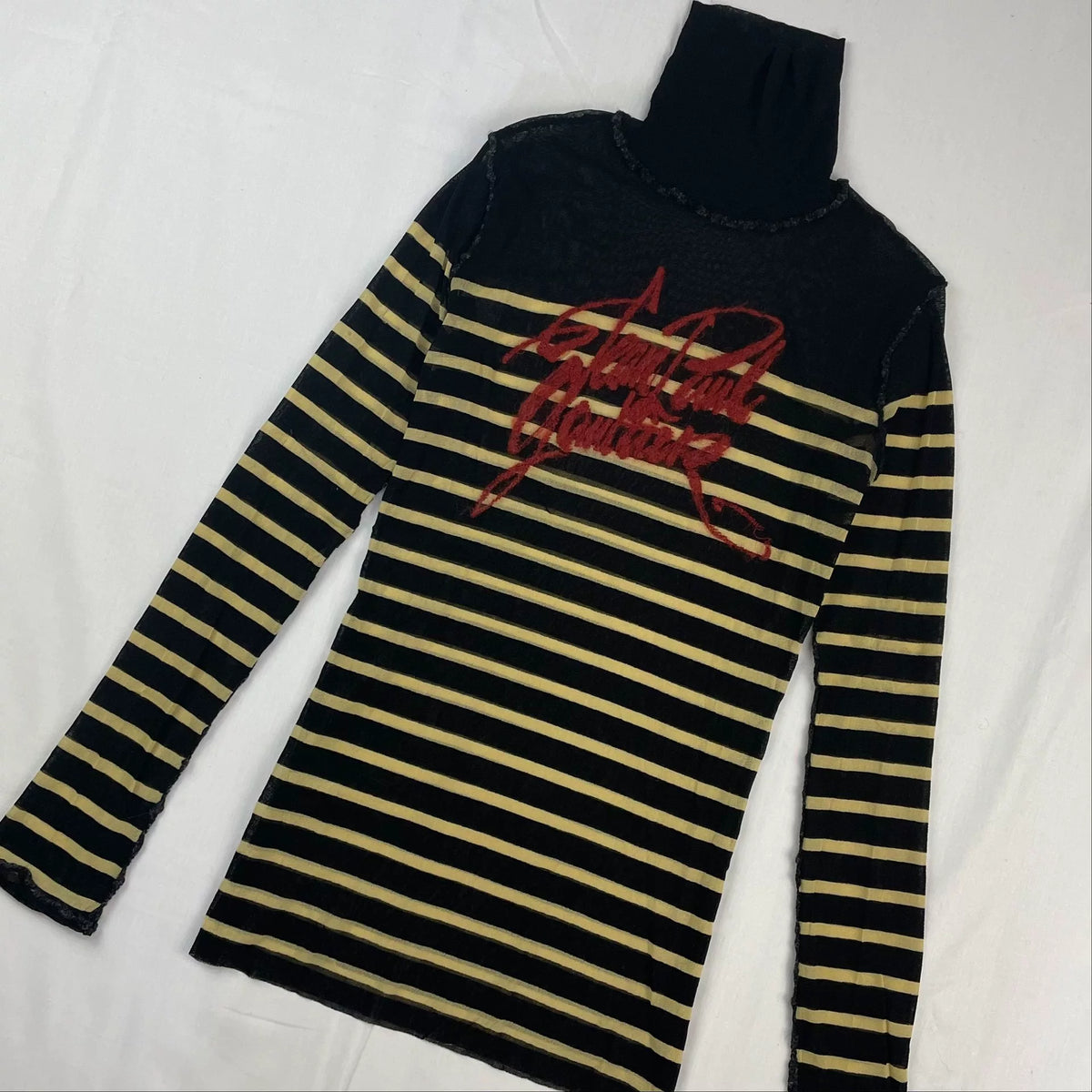 2001 Fall/Winter Jean Paul Gaultier Striped Elastic Mesh Turtleneck Long-Sleeve T-Shirt