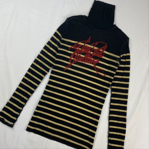 2001 Fall/Winter Jean Paul Gaultier Striped Elastic Mesh Turtleneck Long-Sleeve T-Shirt