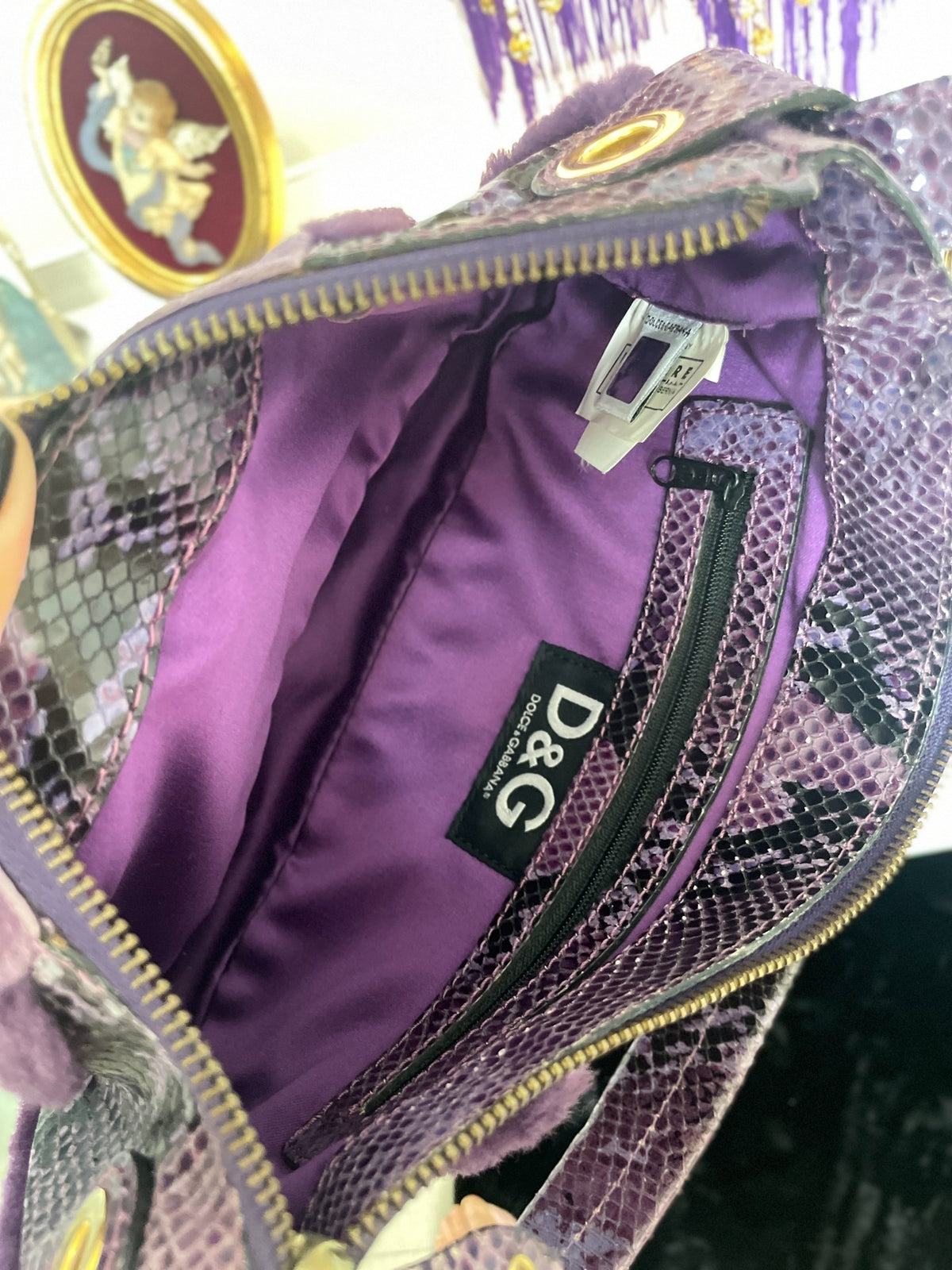 Dolce & Gabbana D&G Du Jia Ban Na purple snake pattern fuzzy patchwork secondhand bag
